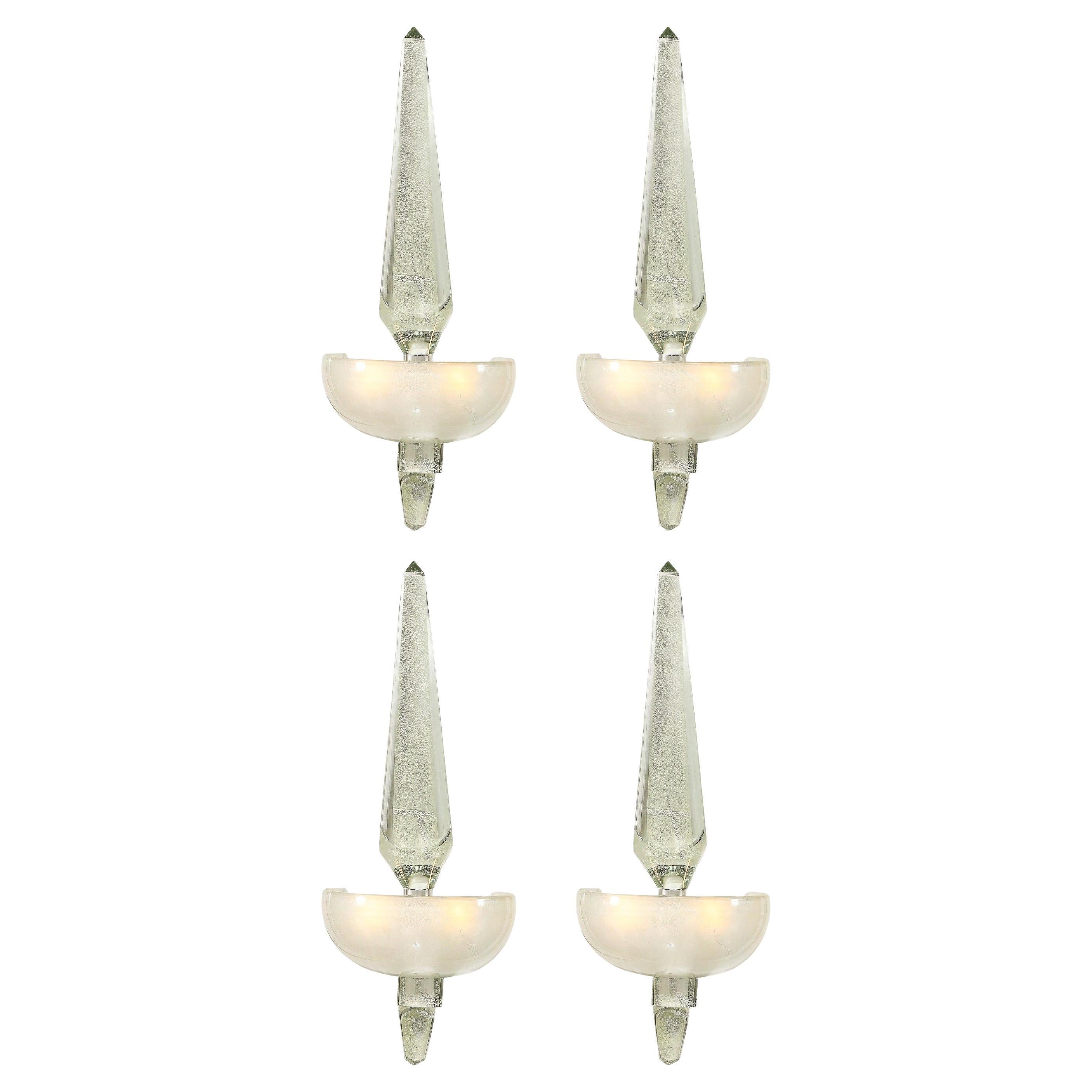 Set of 4 Modernist Murano Pearlescent Glass w/ 24K White Gold Obelisk Sconces For Sale