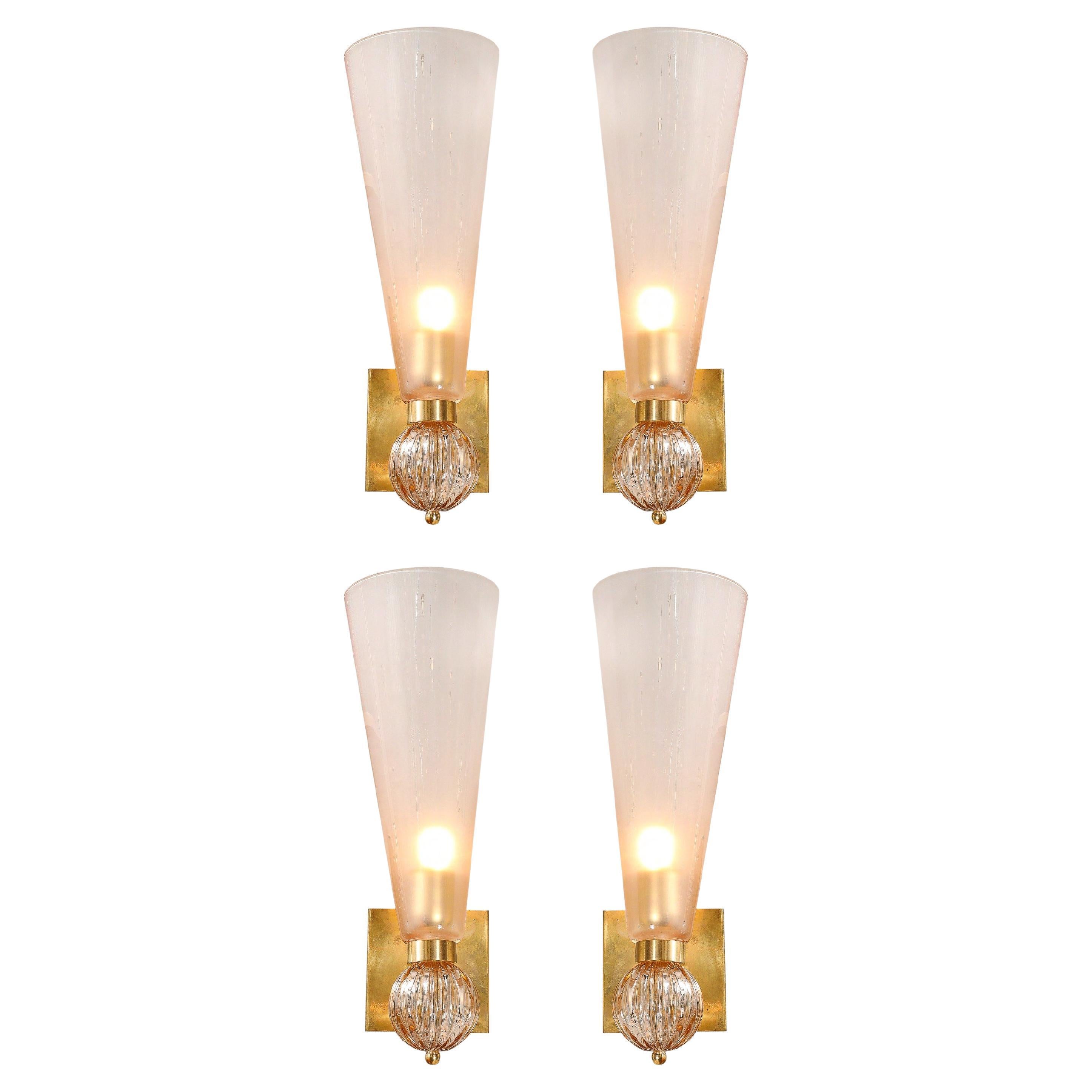 Set of 4 Modernist Orbital Drop Smoked Garnet Conical Murano Glass Sconces