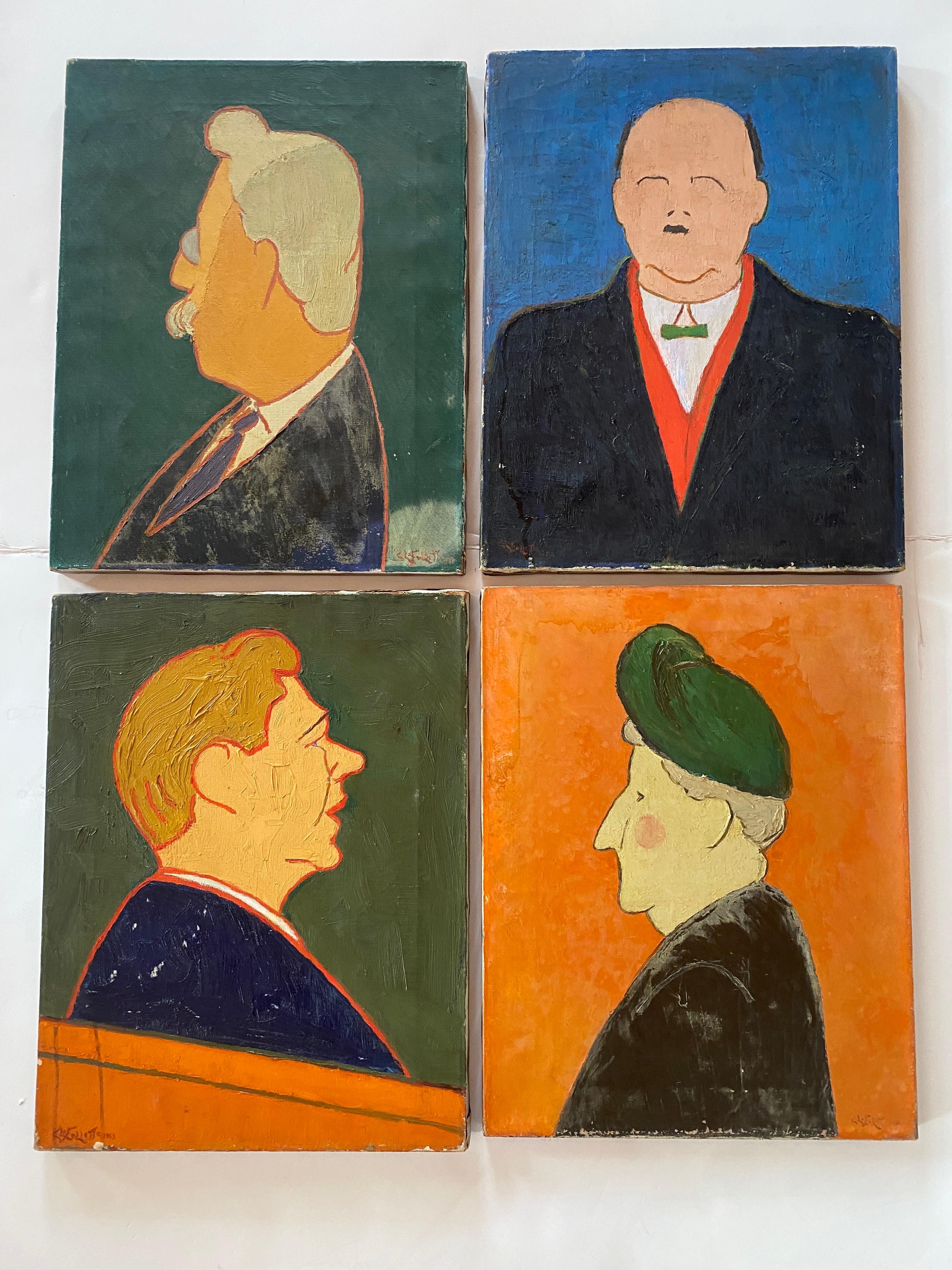 Incredibile set di 4 ritratti artistici originali degli anni '50.  Questi pezzi originali sono firmati e unici nel loro stile.  L'uso di colori forti e non sfumati e una prospettiva un po' appiattita indicano un'estetica modernista, forse