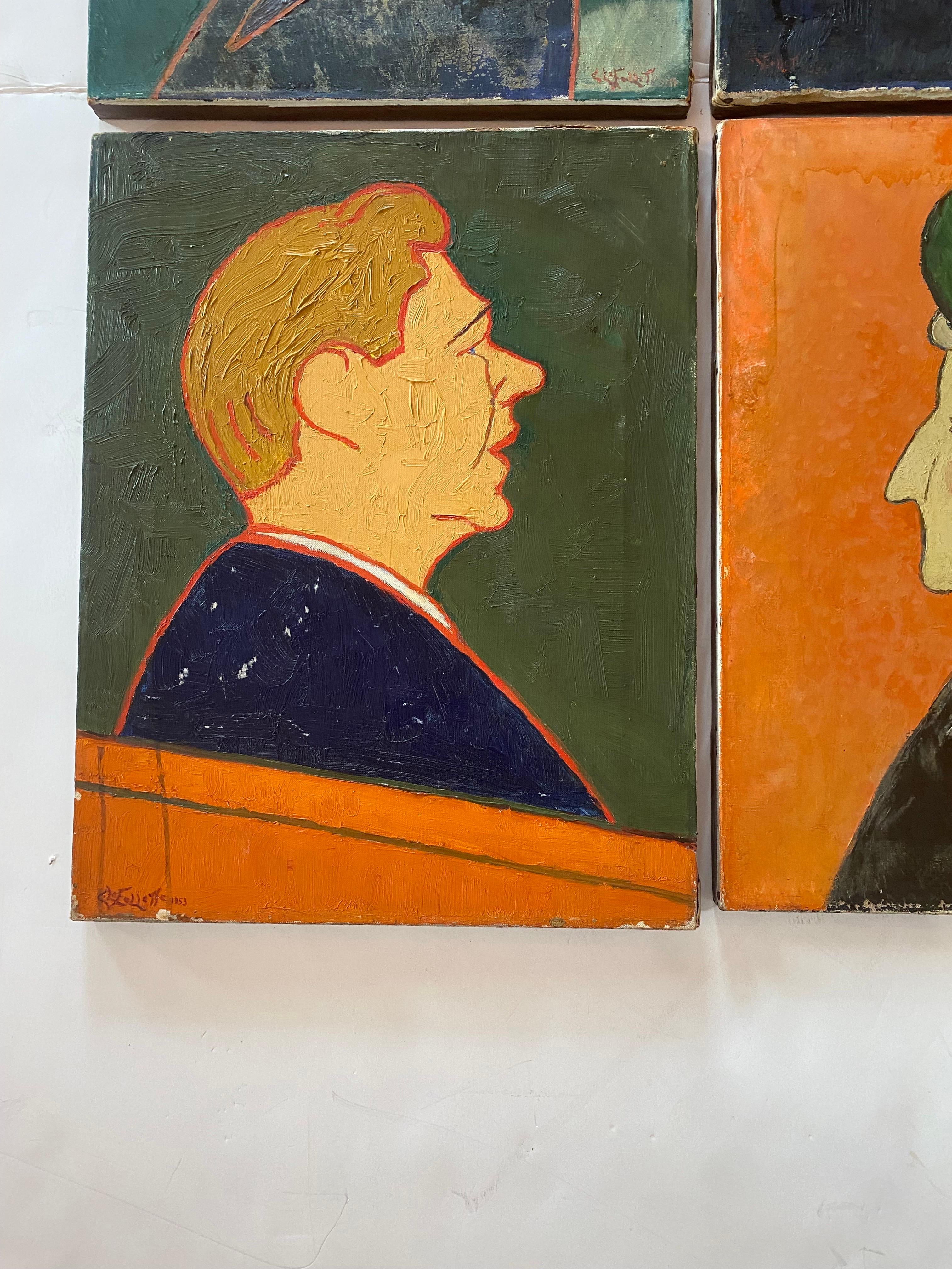 Americano Set di 4 ritratti d'arte modernista originali degli anni '50 in vendita