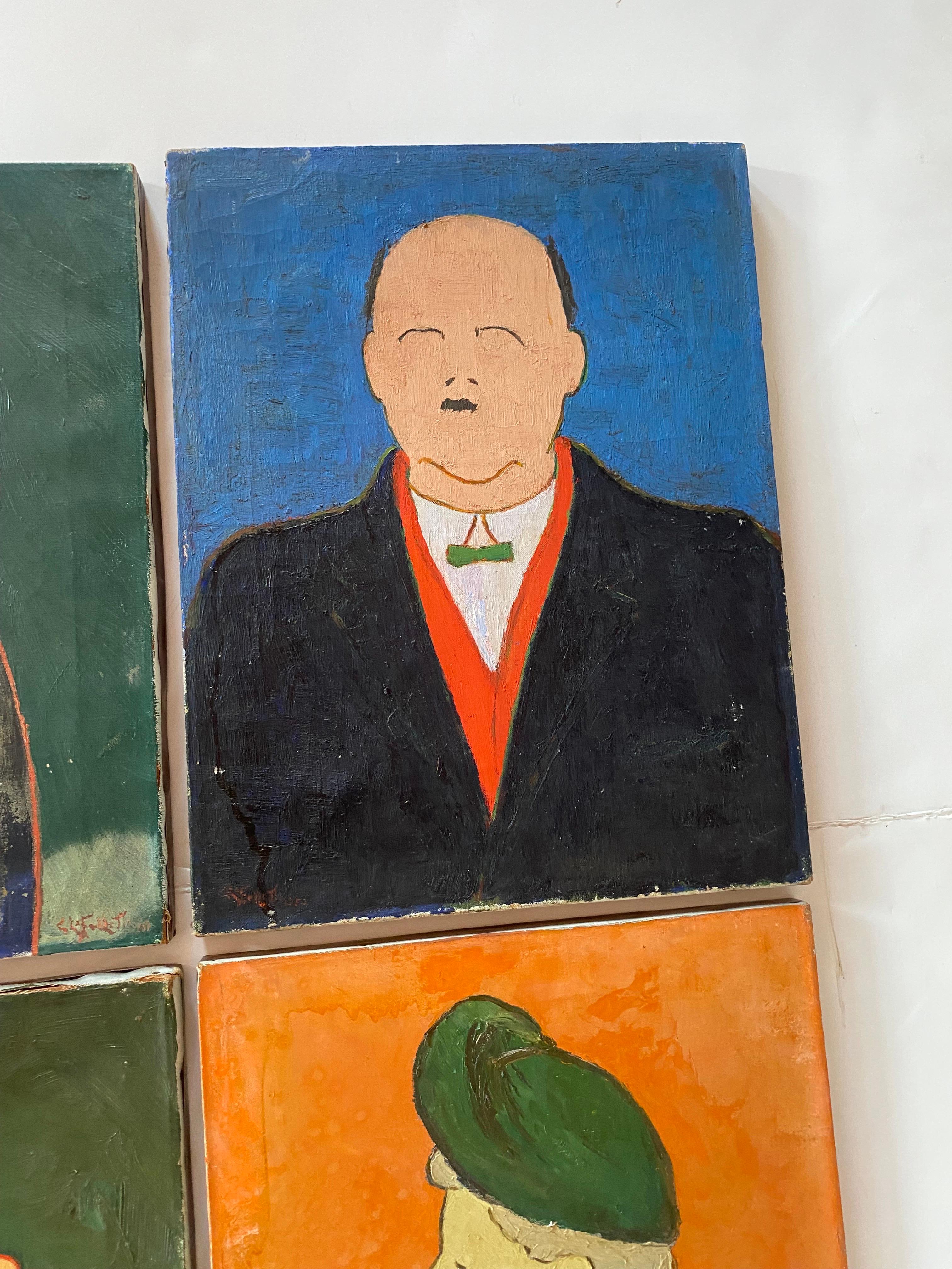 Fatto a mano Set di 4 ritratti d'arte modernista originali degli anni '50 in vendita