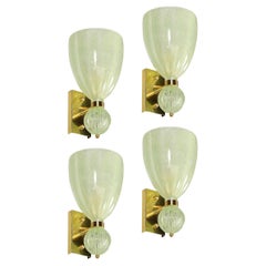 Set of 4 Modernist Pale Jade Hand-blown Murano Glass Sconces W/ Brass Fitting