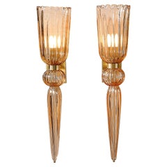 Set of 4 Modernist Rose Handblown Murano Glass & Brass Sconces w/ Elongated Drop
