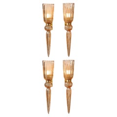 Set of 4 Modernist Rose Handblown Murano Glass & Brass Sconces w/ Elongated Drop