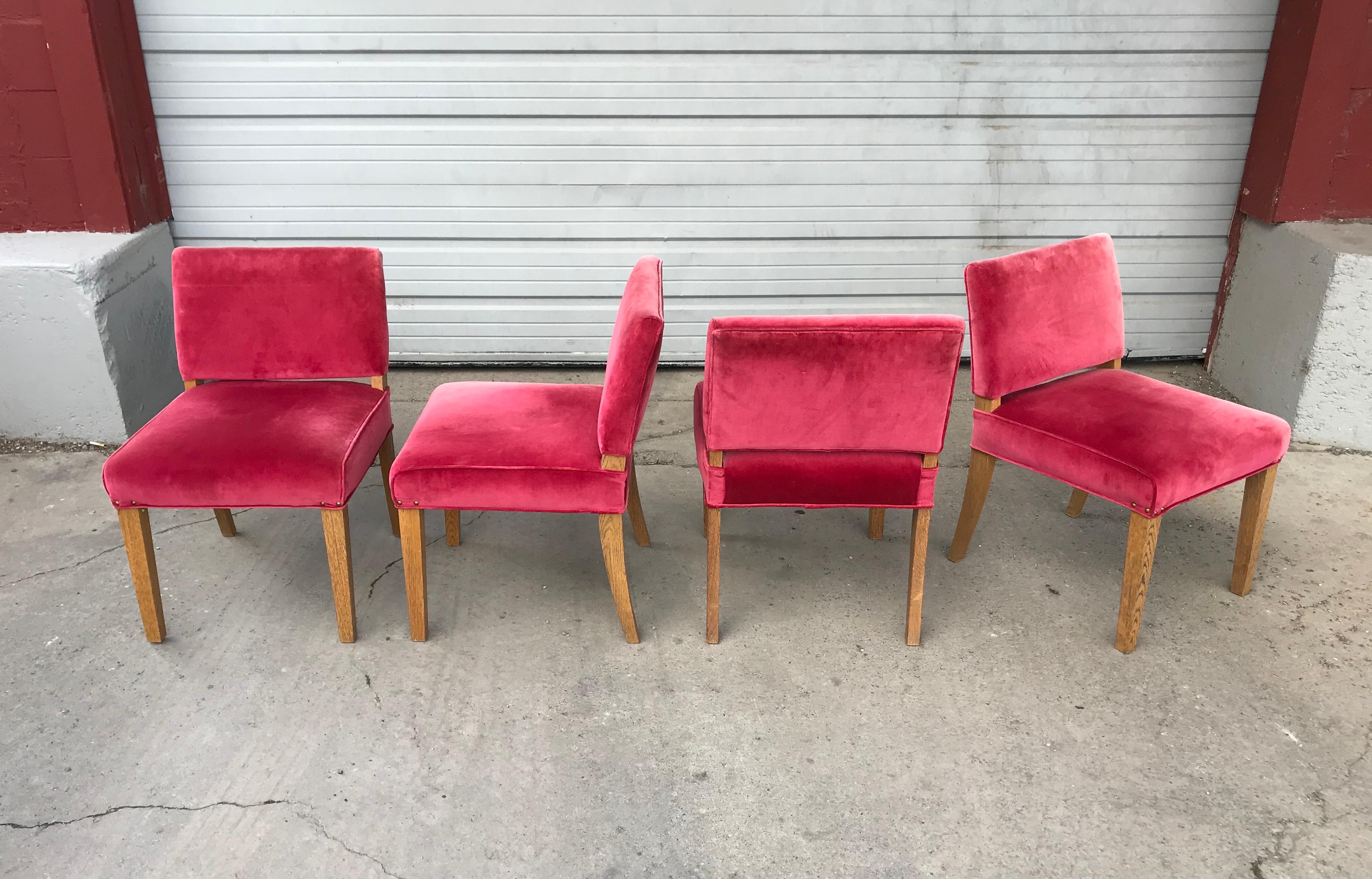 Set of 4 Modernist side chairs, dining, occasional attributed to Red Lion Furniture Co. Handsome set of four side chairs, recently upholstered in a salmon / pink mohair, Great quality and construction, Simple, elegant design. Perfect for dining,