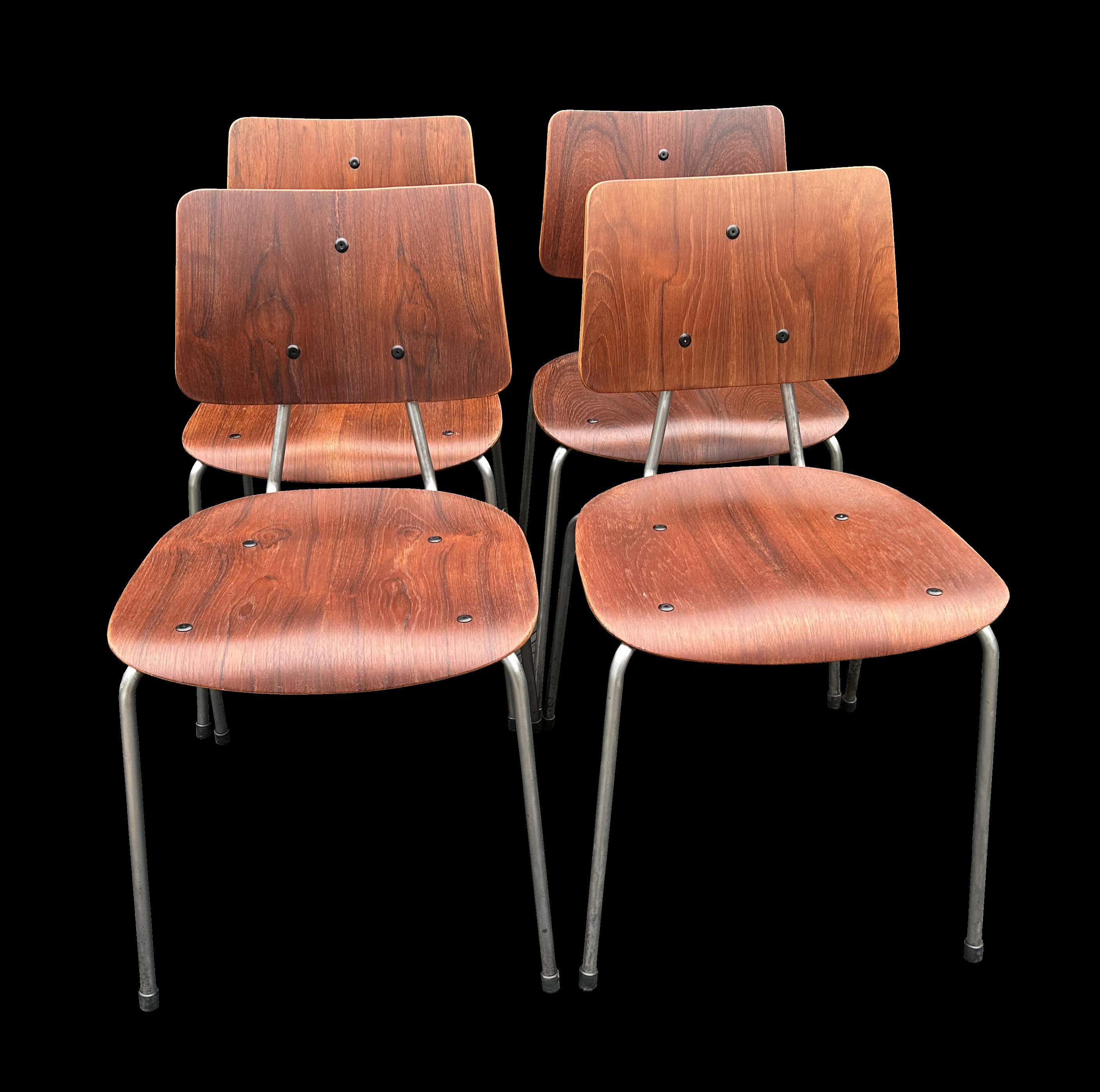 20th Century Set of 4 Modernist Style Teak Faced Bent Ply and Tubular Steel Dining Chairs Set