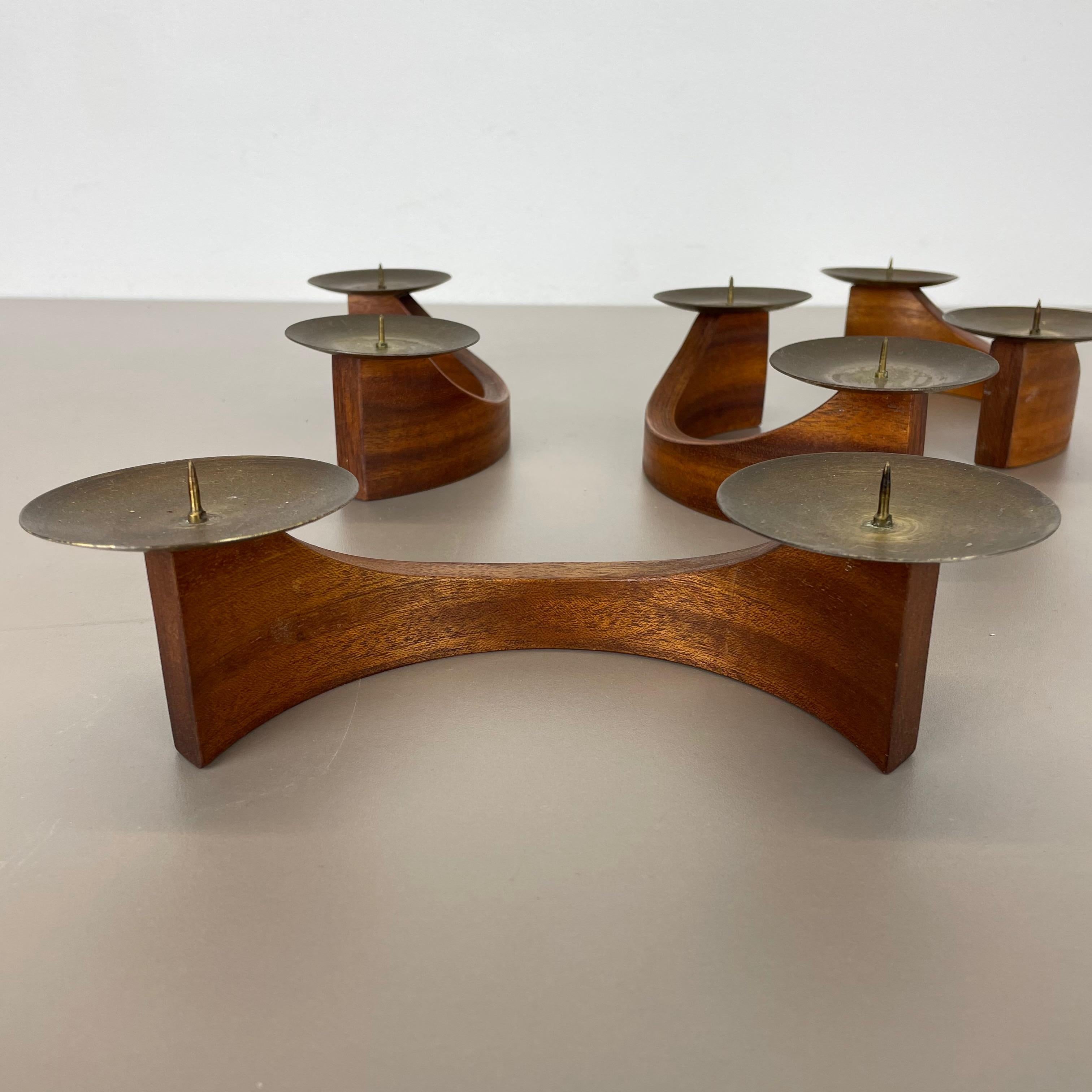 Set of 4 Modernist Teak and Brass Candleholder Elements, Denmark, 1960s 4