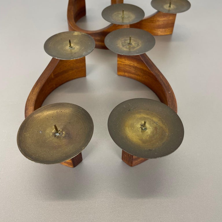 Set of 4 Modernist Teak and Brass Candleholder Elements, Denmark, 1960s For Sale 13