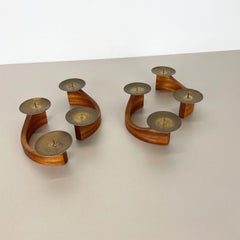 Set of 4 Modernist Teak and Brass Candleholder Elements, Denmark, 1960s