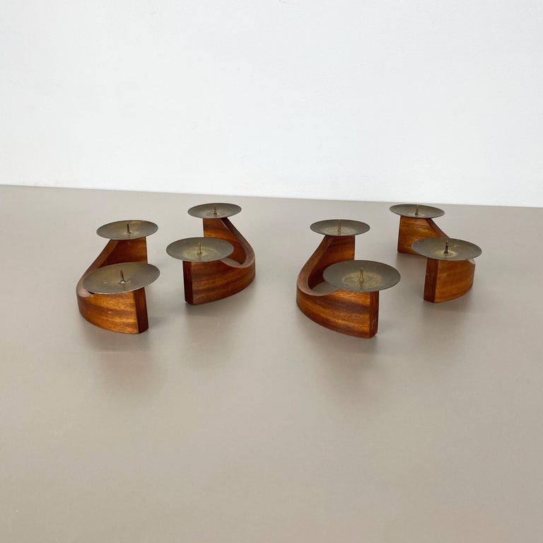 Scandinavian Modern Set of 4 Modernist Teak and Brass Candleholder Elements, Denmark, 1960s For Sale