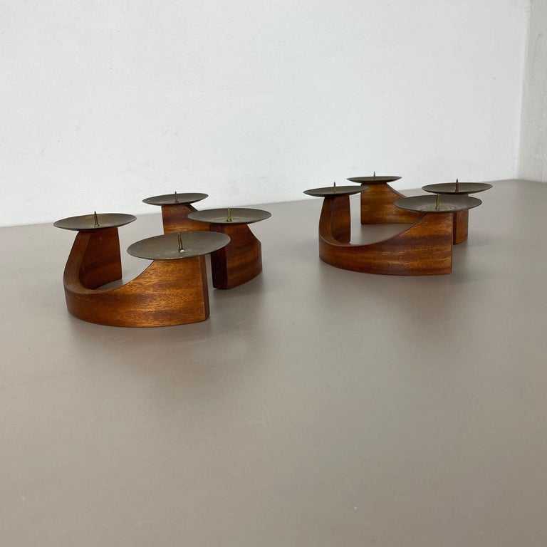 German Set of 4 Modernist Teak and Brass Candleholder Elements, Denmark, 1960s For Sale