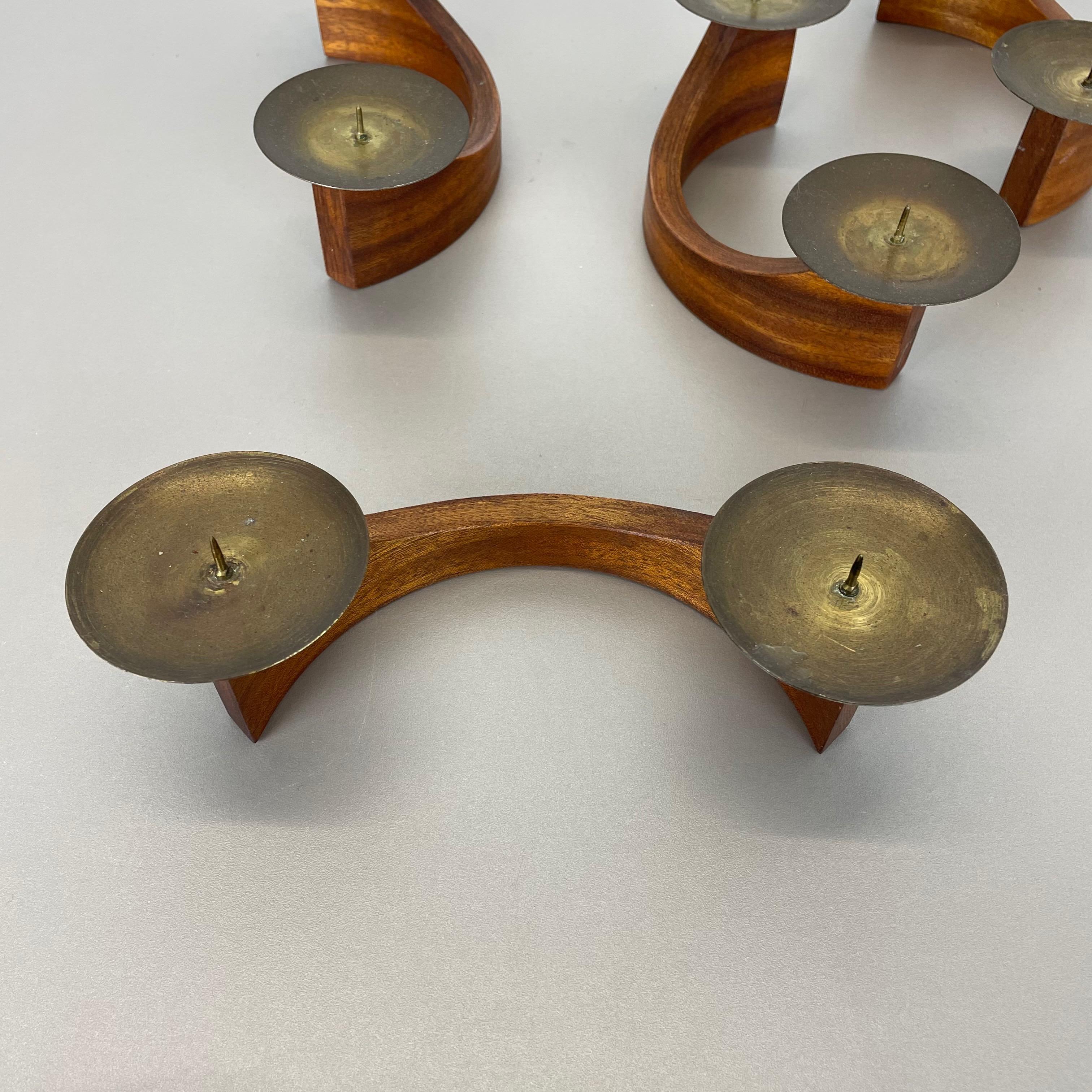 Set of 4 Modernist Teak and Brass Candleholder Elements, Denmark, 1960s 3