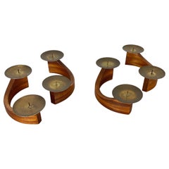 Set of 4 Modernist Teak and Brass Candleholder Elements, Denmark, 1960s