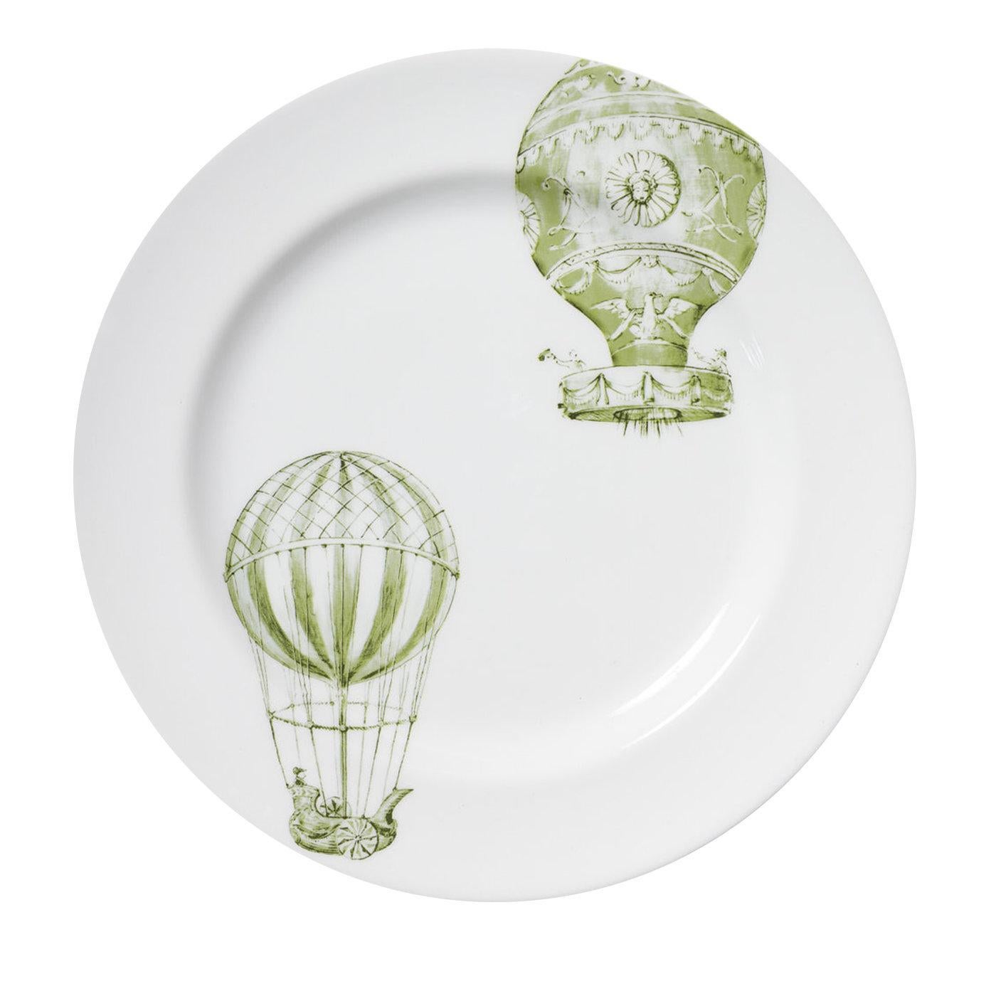 These delicate, colorful hot air balloons, rich in detail and made in the style of the originals ones, gracefully fly across the plate's stark white background, waiting for a wind blow to lift them towards the skies to explore.