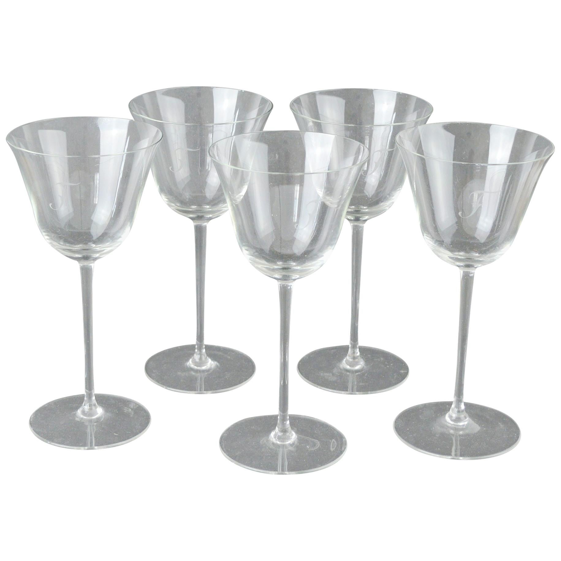 Set of 4 Monogrammed Art Deco Wine Glasses, English, 1920s, Initial "F"