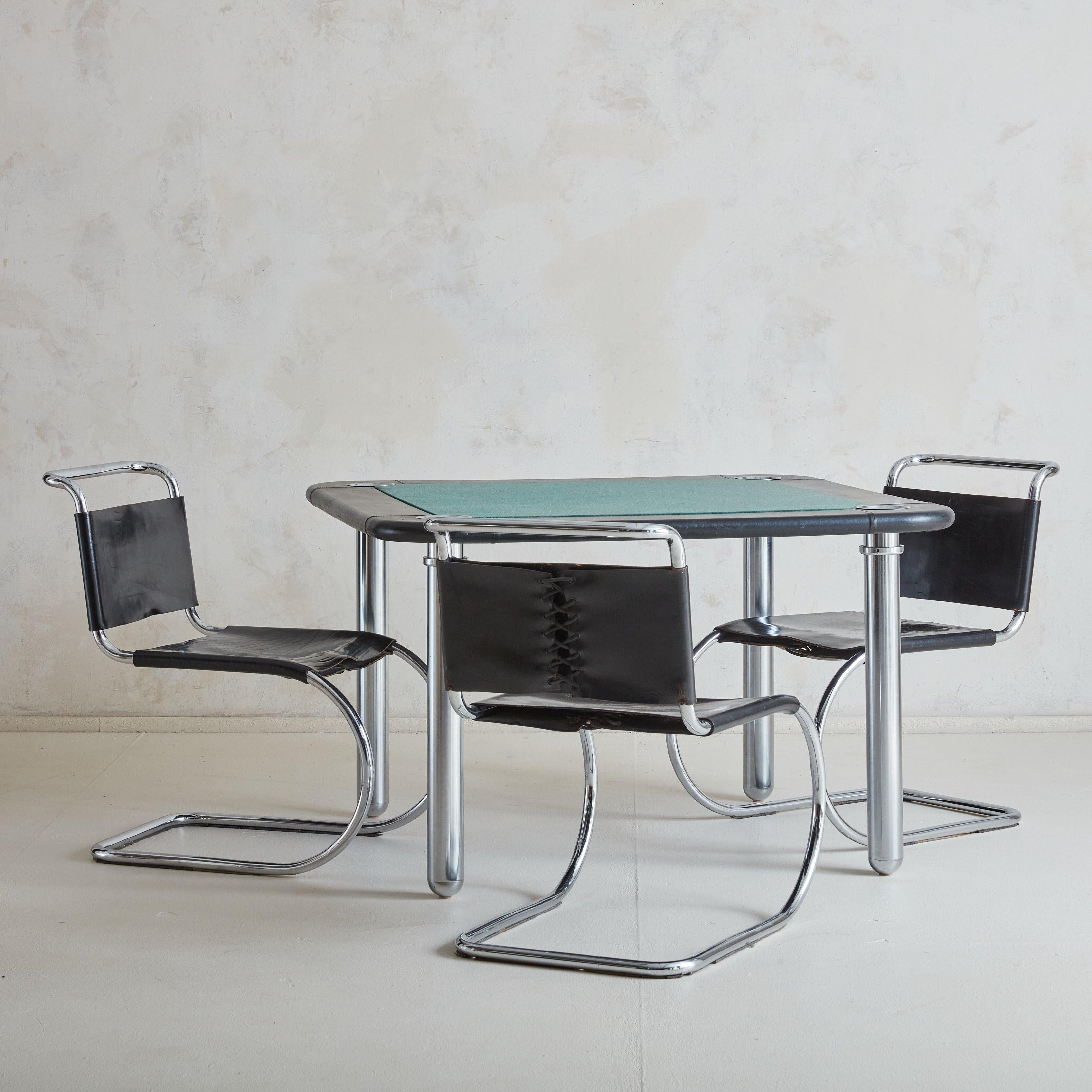 The ‘MR10’ dining chairs by Ludwig Mies van der Rohe are iconic pieces of modernist furniture design. Created in 1927, these chairs are part of Mies's exploration of tubular steel furniture, which was revolutionary at the time. They feature polished