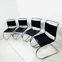 Set of 4 "MR10" Black Leather Sling Chairs by Mies van der Rohe