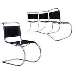 Set of 4 "MR10" Black Leather Sling Chairs by Mies van der Rohe