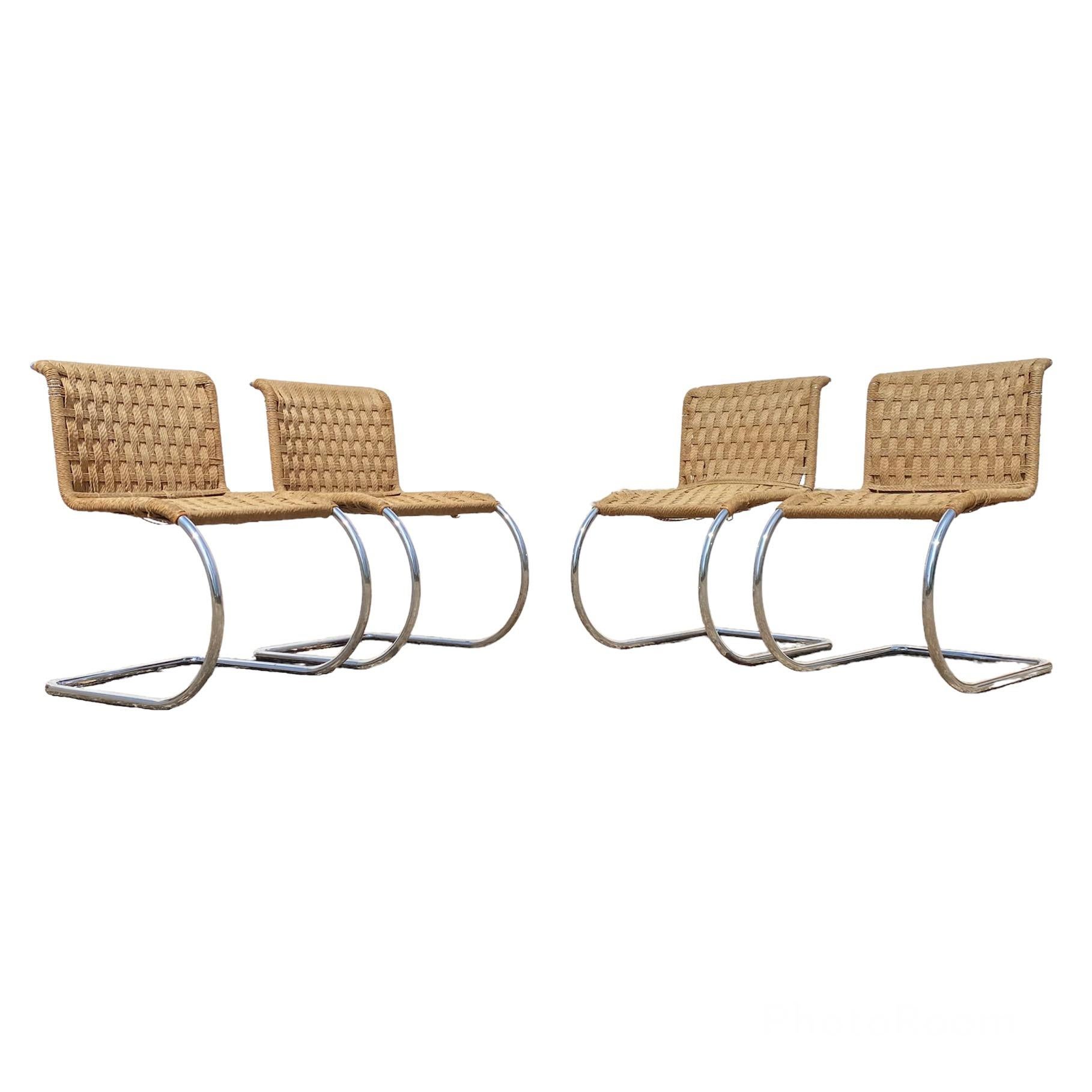 Original MR10 Chairs designed by Mies Van der Rohe, produced in the 1960's. 
 
The structure of the chairs is on good conditions.
 
Please note that the set could have some signs of age and use.
 
Dimensions:
H: 81cm
L: 49cm
D: 74cm
H
