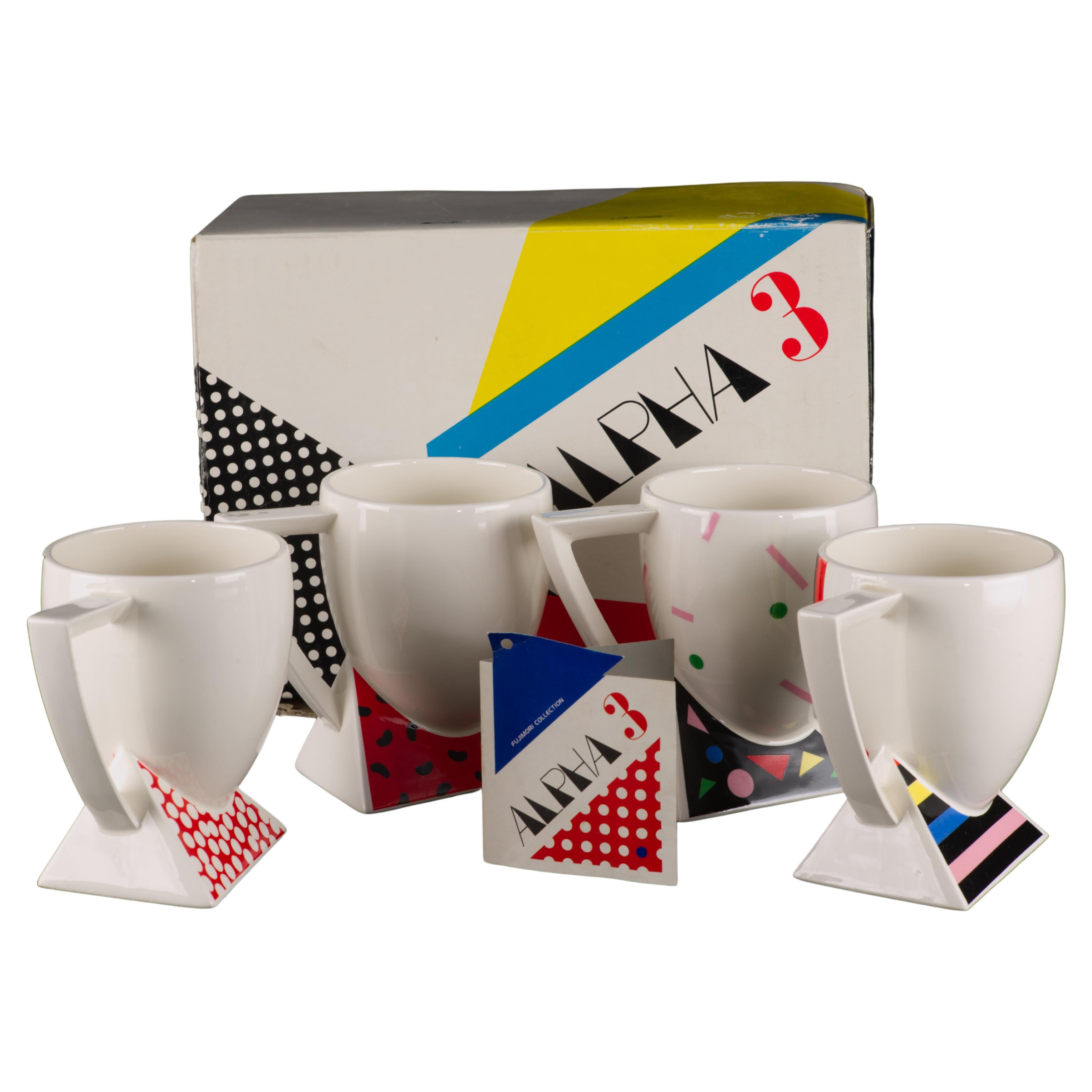 Set of 4 Mugs K. Fujimori for Kato Kogei Japan Alpha 3 Post-Modern Memphis 1980s For Sale