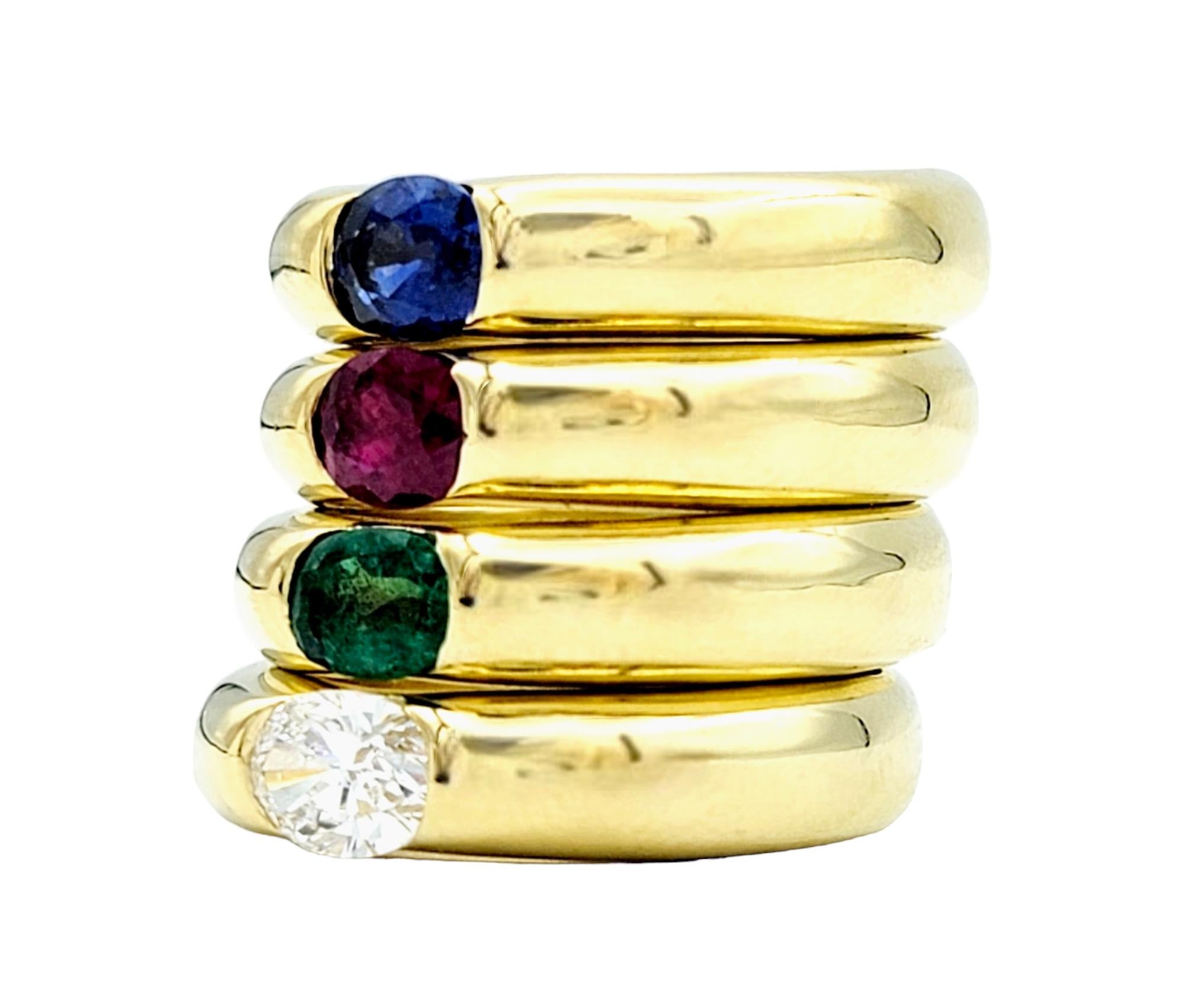 Set of 4 Multi-Gemstone Stacking Band Rings in Polished 18 Karat Yellow Gold  For Sale 4