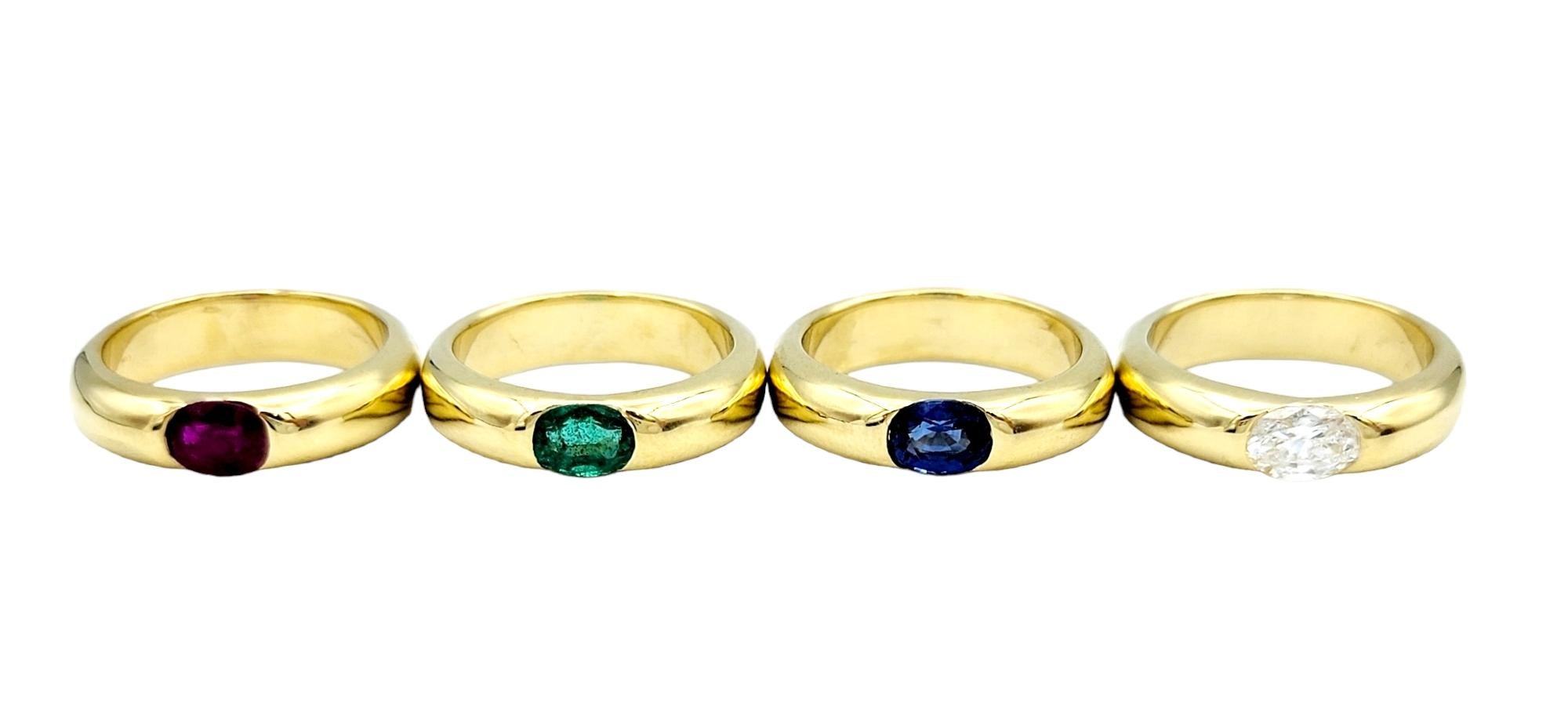 Contemporary Set of 4 Multi-Gemstone Stacking Band Rings in Polished 18 Karat Yellow Gold  For Sale