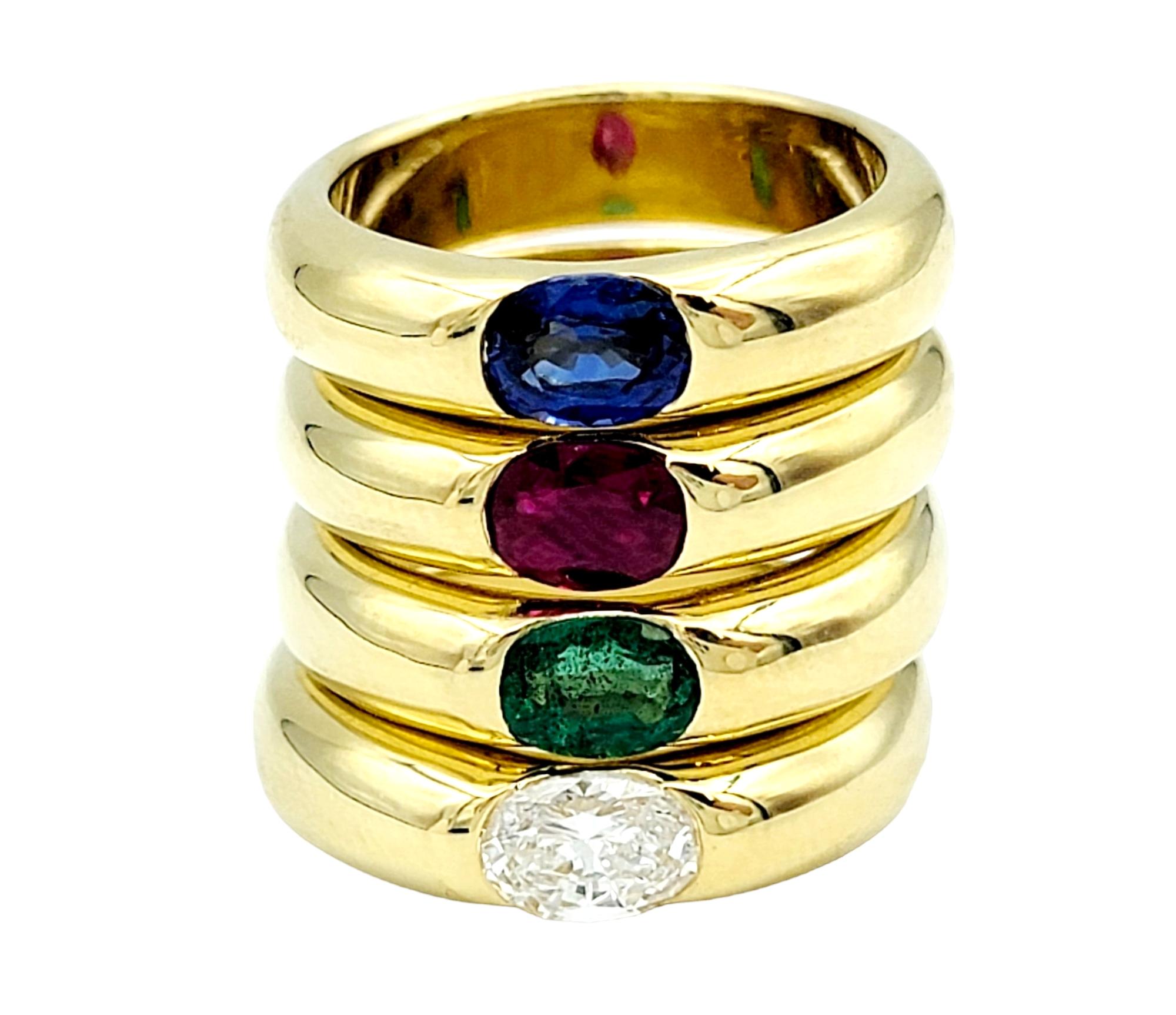 Set of 4 Multi-Gemstone Stacking Band Rings in Polished 18 Karat Yellow Gold  For Sale 2