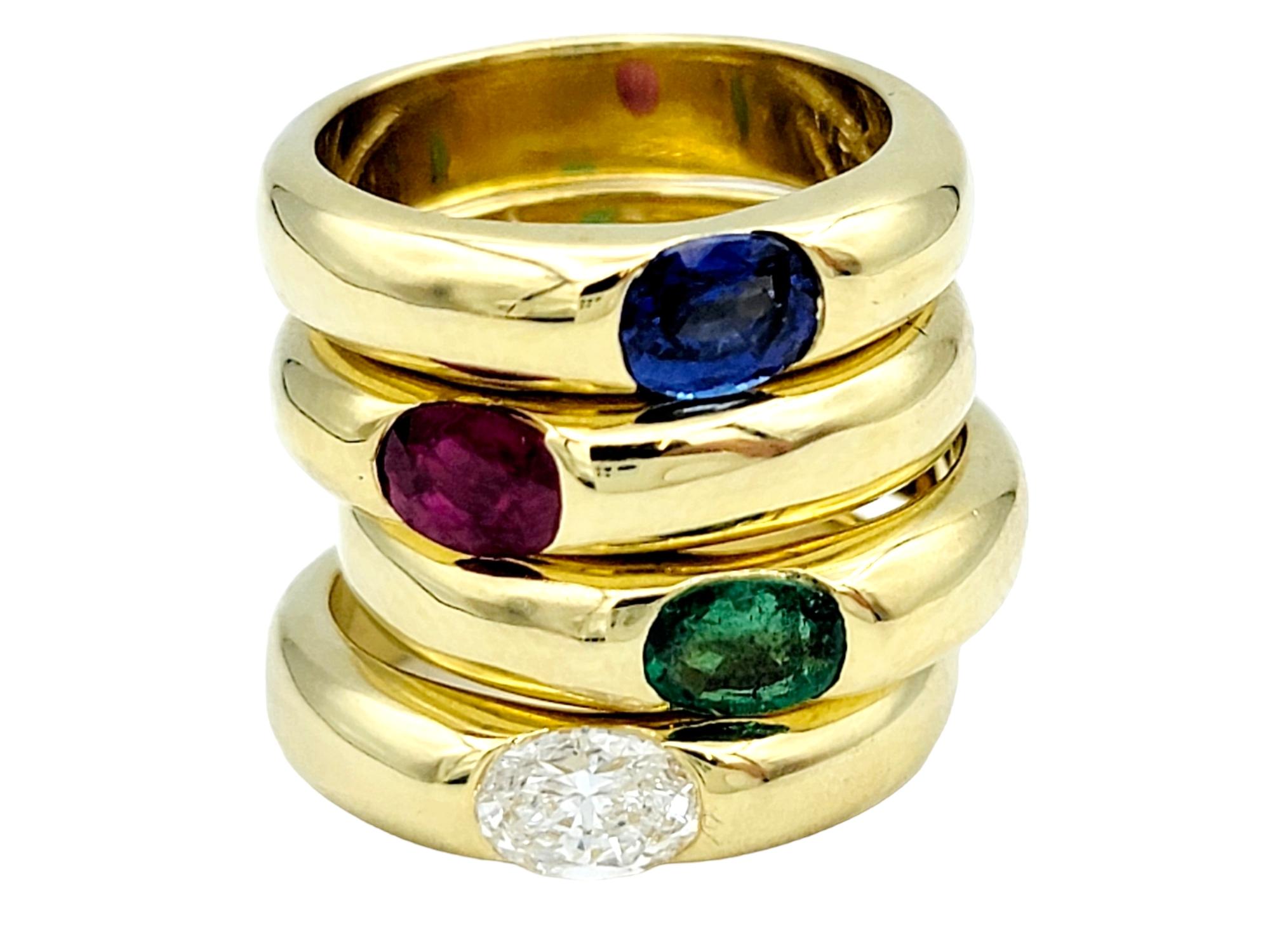 Set of 4 Multi-Gemstone Stacking Band Rings in Polished 18 Karat Yellow Gold  For Sale 3