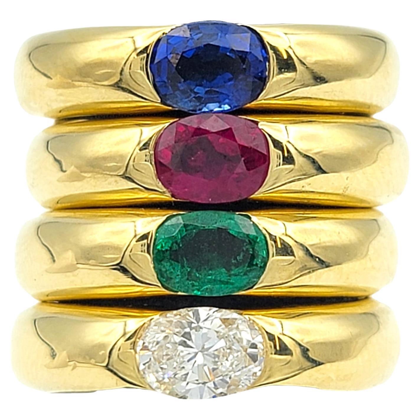 Set of 4 Multi-Gemstone Stacking Band Rings in Polished 18 Karat Yellow Gold 