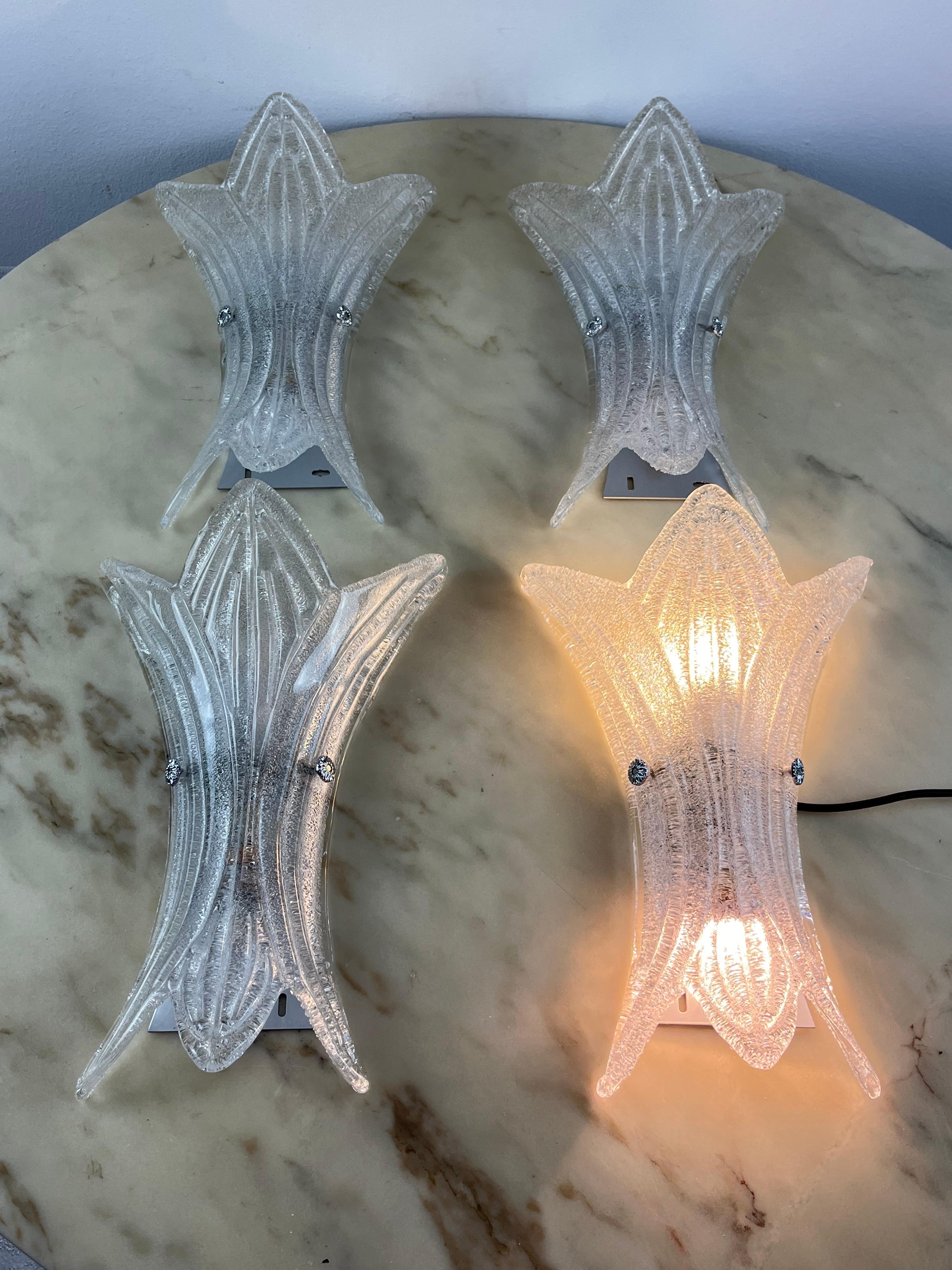 Late 20th Century Set Of 4 Murano Glass Wall Lights Sconces Metal Postmodern Made in Italy 1990s  For Sale