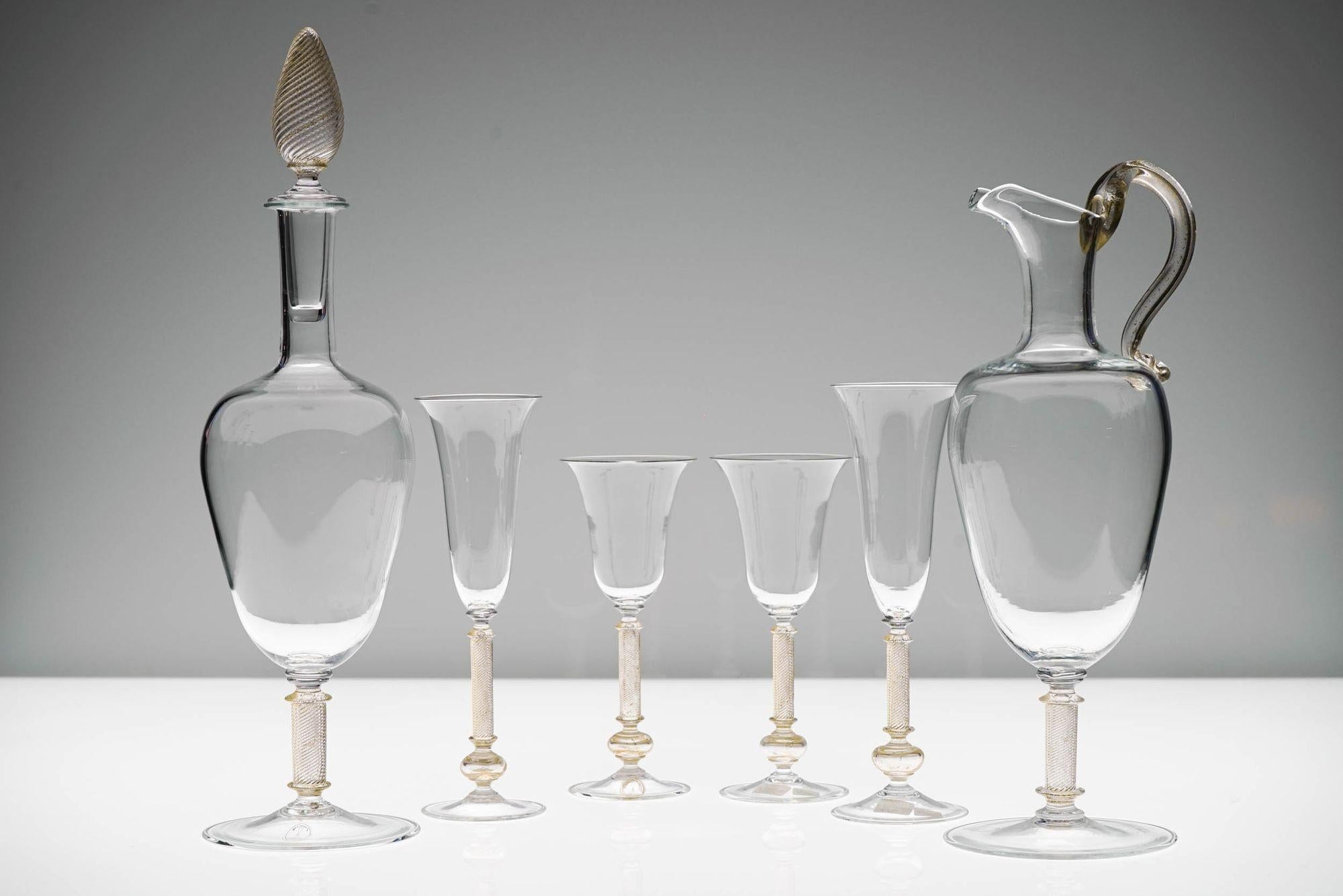 Set of 4 Murano stemmed glass, pitcher and bottle. Fuin attribution. Gold Leaf. For Sale 3