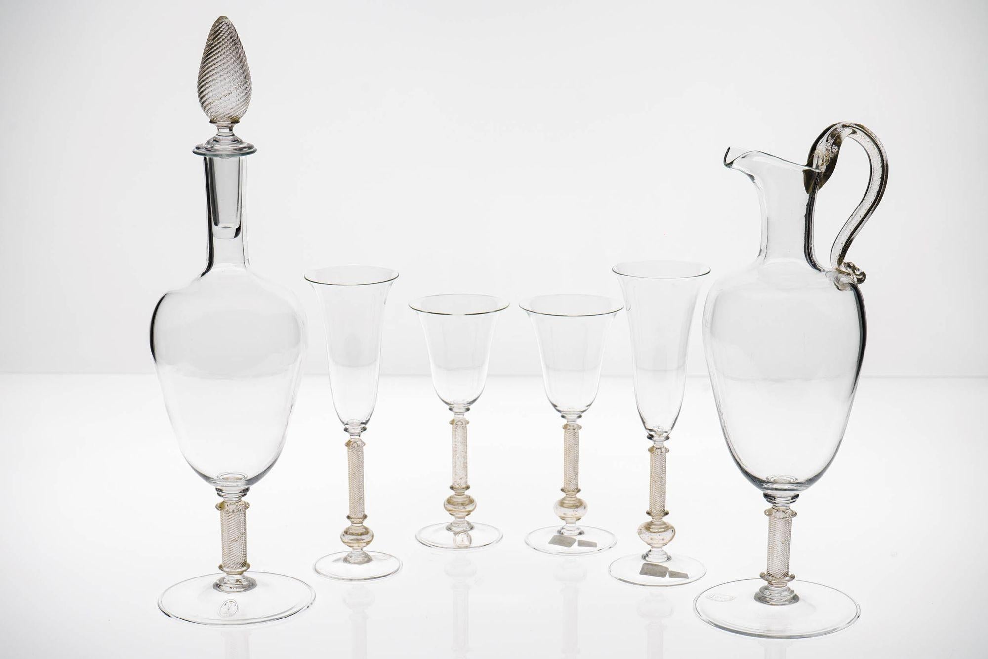 Set of 4 Murano stemmed glass, pitcher and bottle. Fuin attribution. Gold Leaf. For Sale 6