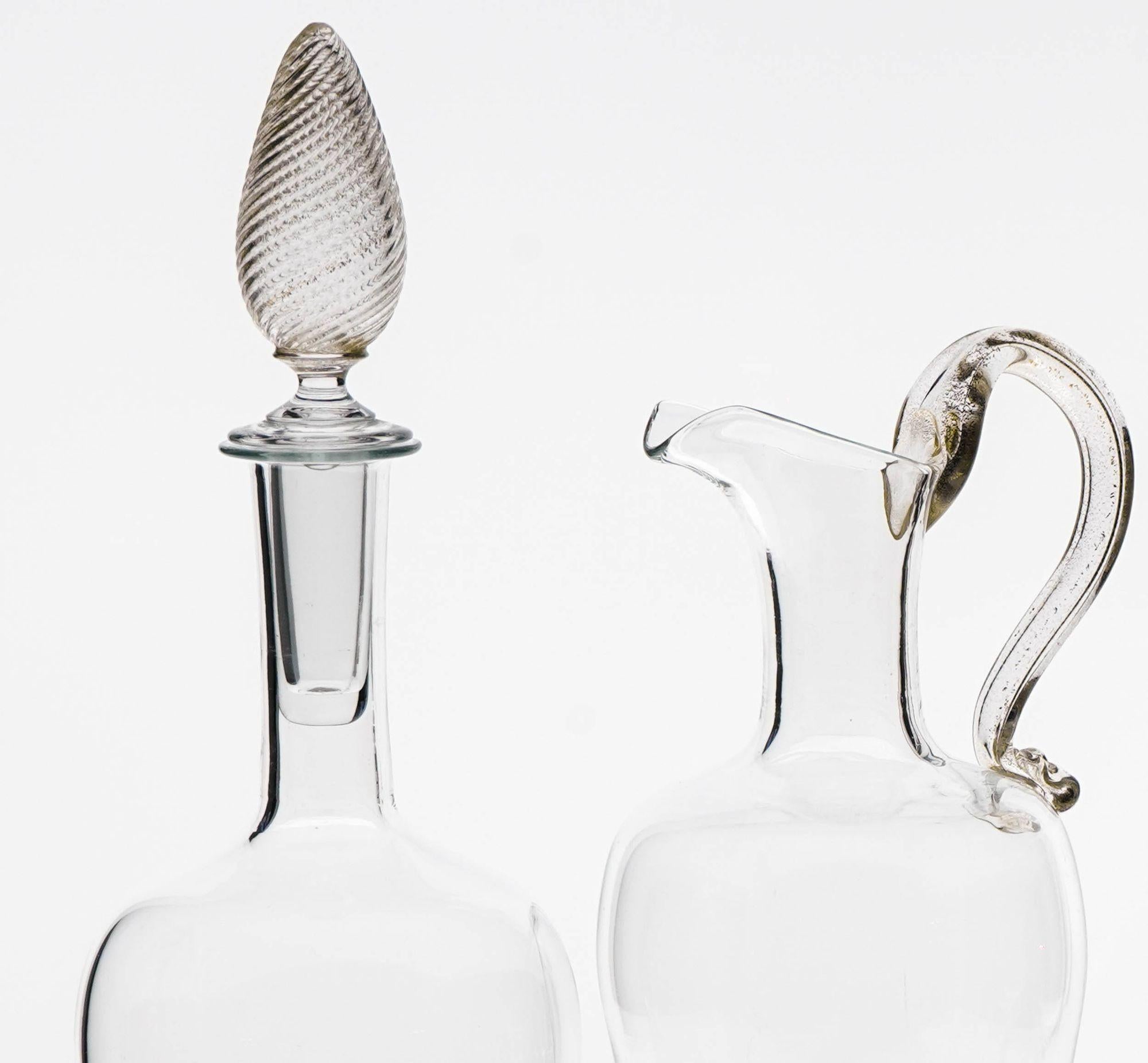 Set of 4 Murano stemmed glass, pitcher and bottle. Fuin attribution. Gold Leaf. For Sale 7