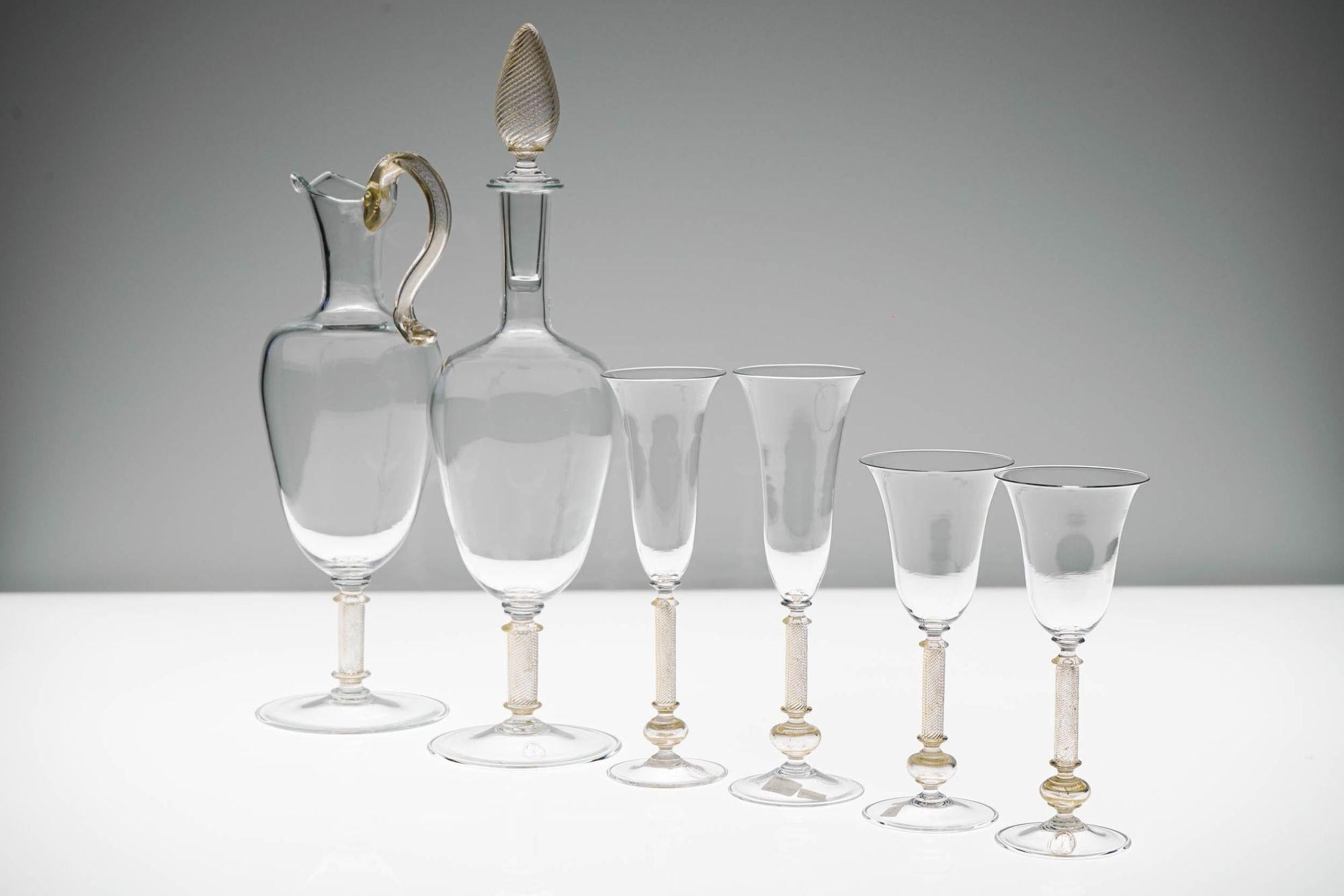 Set of 4 Murano stemmed glass, pitcher and bottle. Fuin attribution. Gold Leaf. For Sale 8