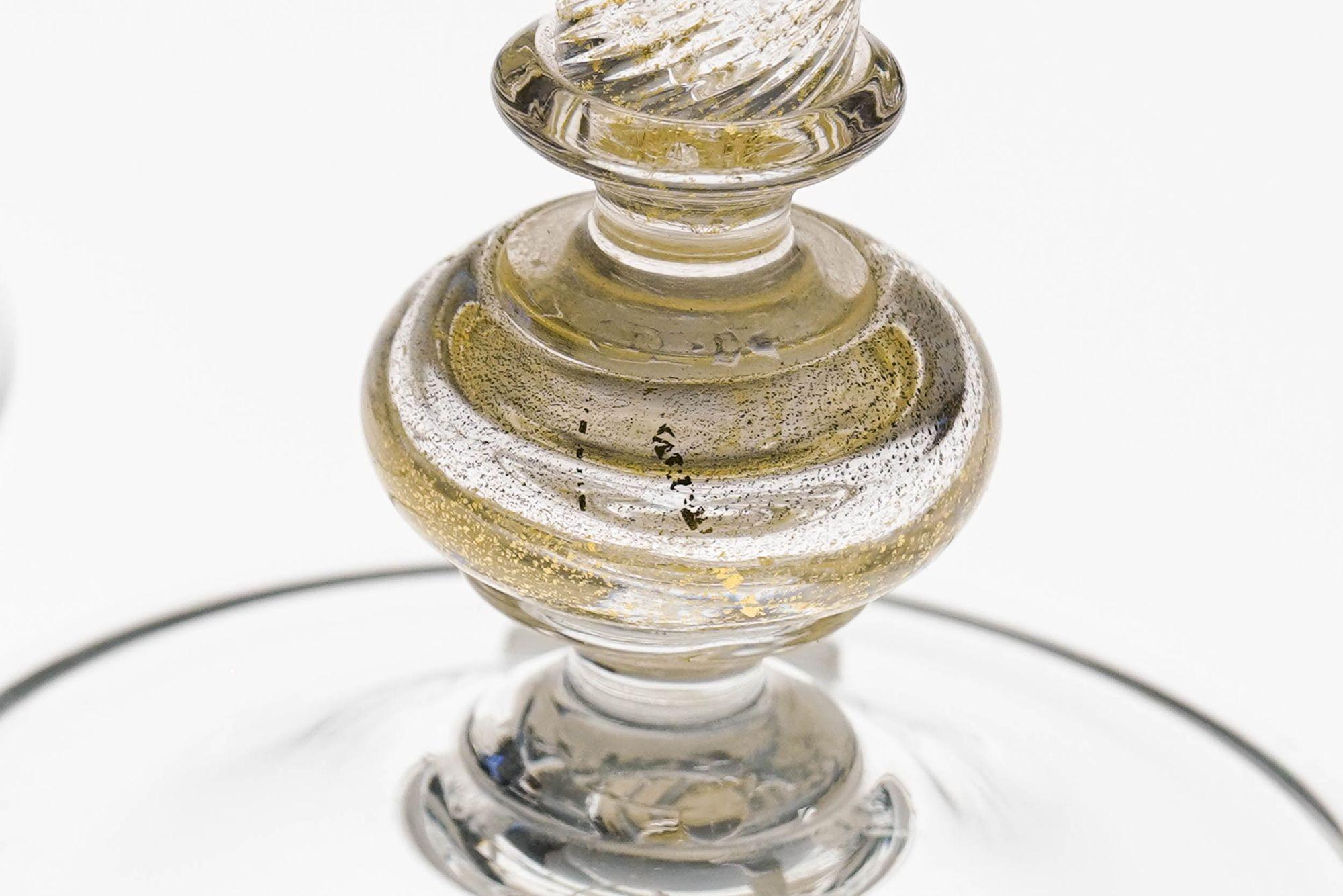 Set of 4 Murano stemmed glass, pitcher and bottle. Fuin attribution. Gold Leaf. For Sale 10
