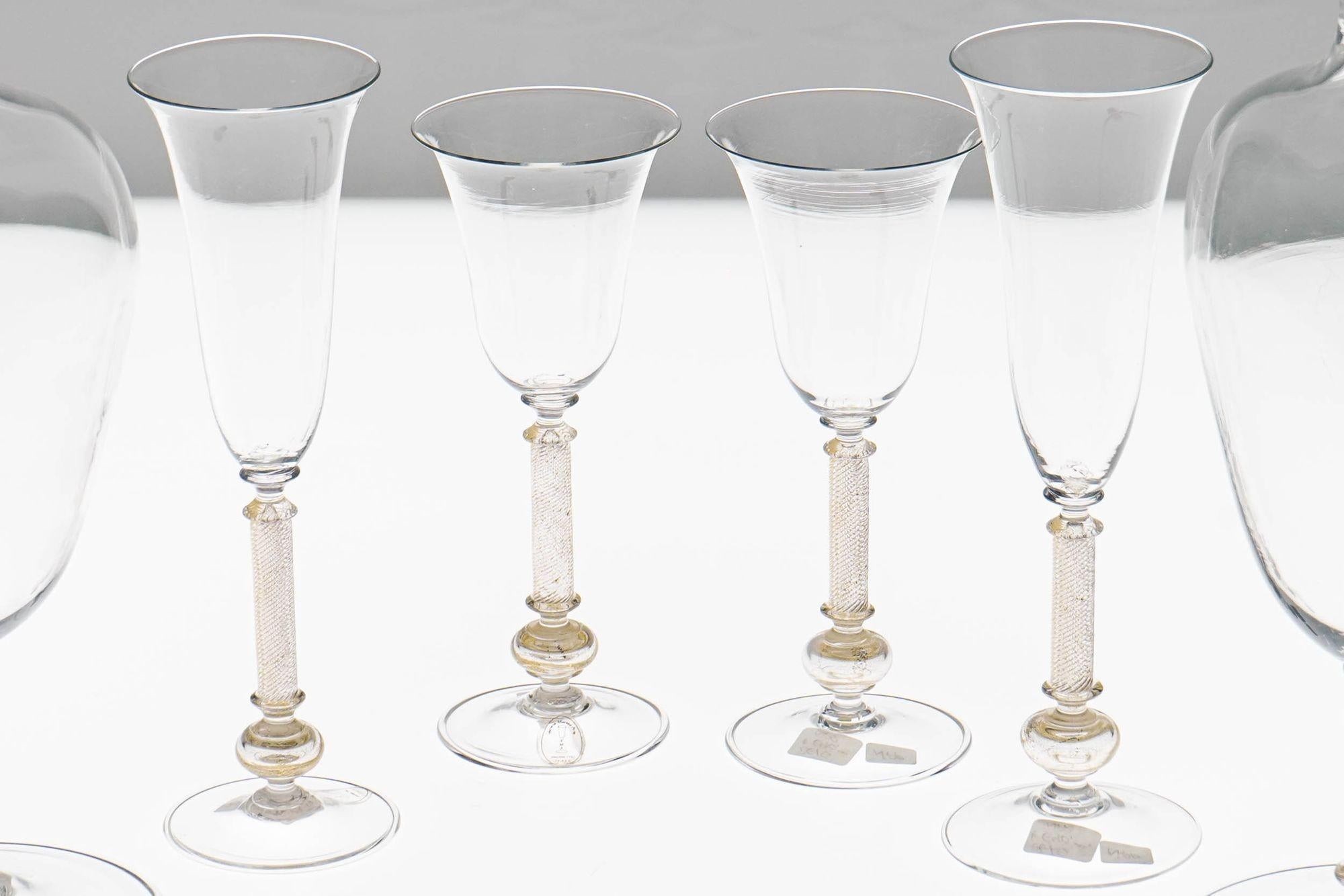 Set of 4 Murano stemmed glass, pitcher and bottle. Fuin attribution. Gold Leaf. For Sale 12