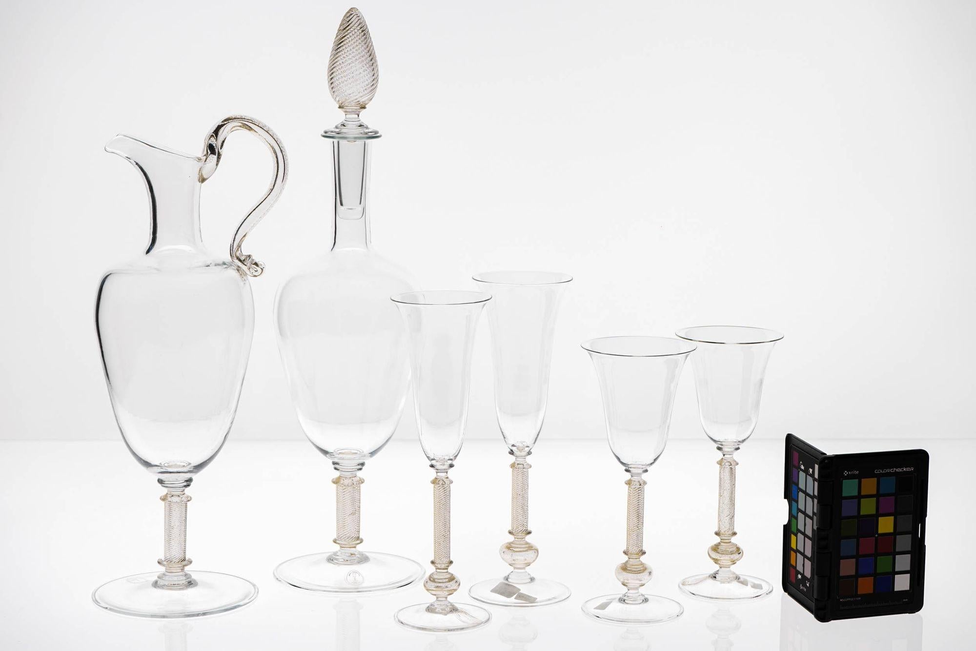 Set of 4 Murano stemmed glass, pitcher and bottle. Fuin attribution. Gold Leaf. For Sale 13