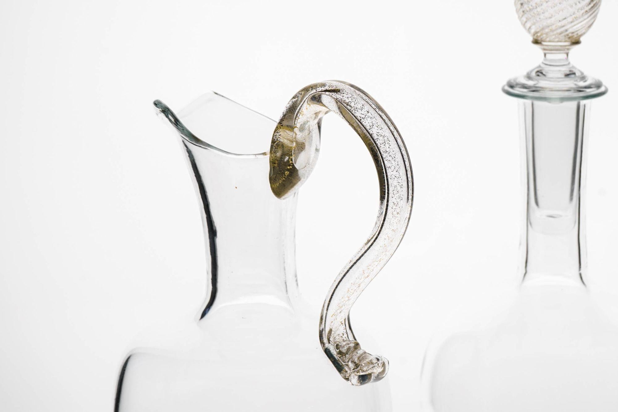 Mid-Century Modern Set of 4 Murano stemmed glass, pitcher and bottle. Fuin attribution. Gold Leaf. For Sale