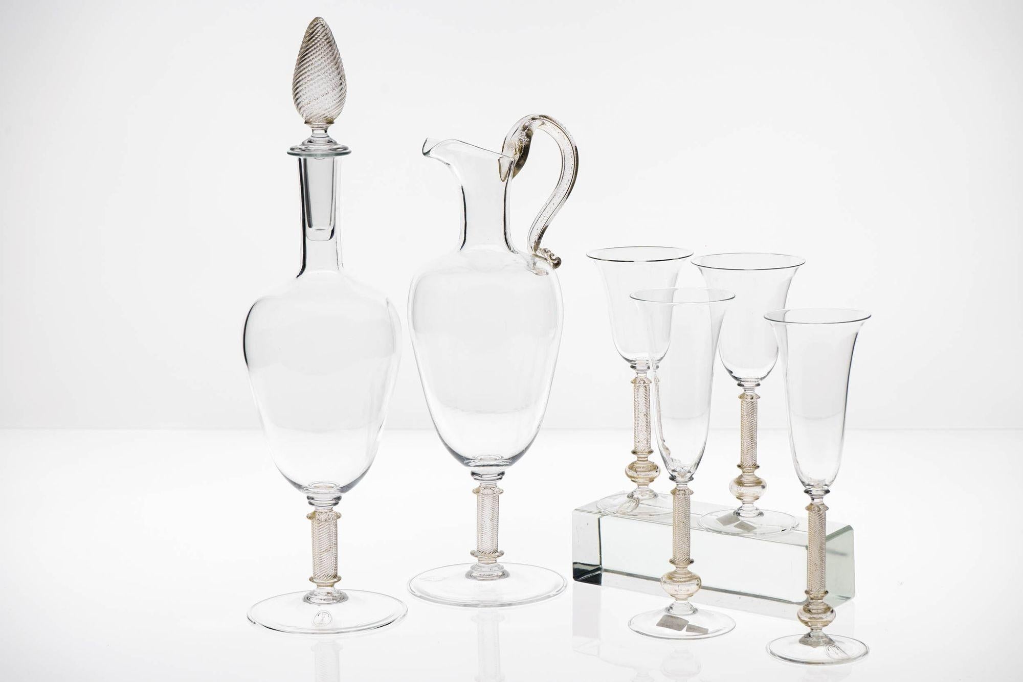 Italian Set of 4 Murano stemmed glass, pitcher and bottle. Fuin attribution. Gold Leaf. For Sale