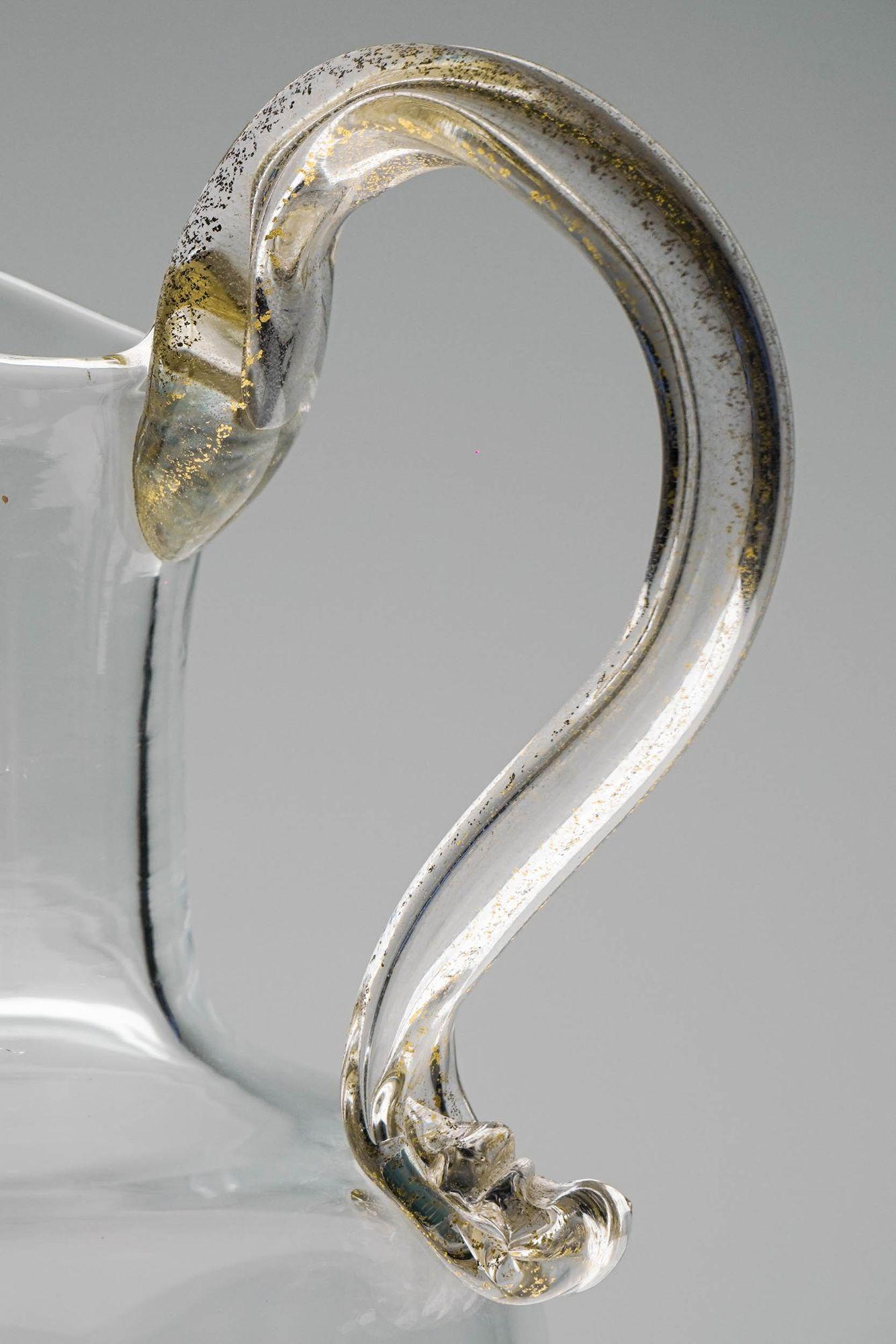 Art Glass Set of 4 Murano stemmed glass, pitcher and bottle. Fuin attribution. Gold Leaf. For Sale