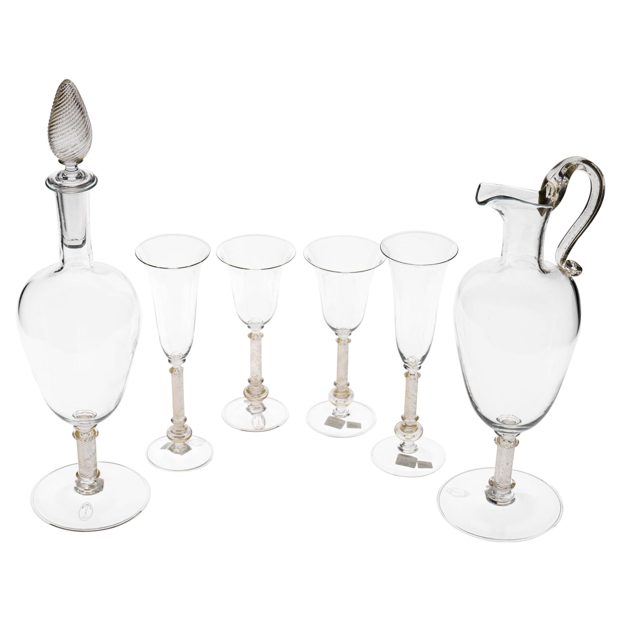 Set of 4 Murano stemmed glass, pitcher and bottle. Fuin attribution. Gold Leaf.