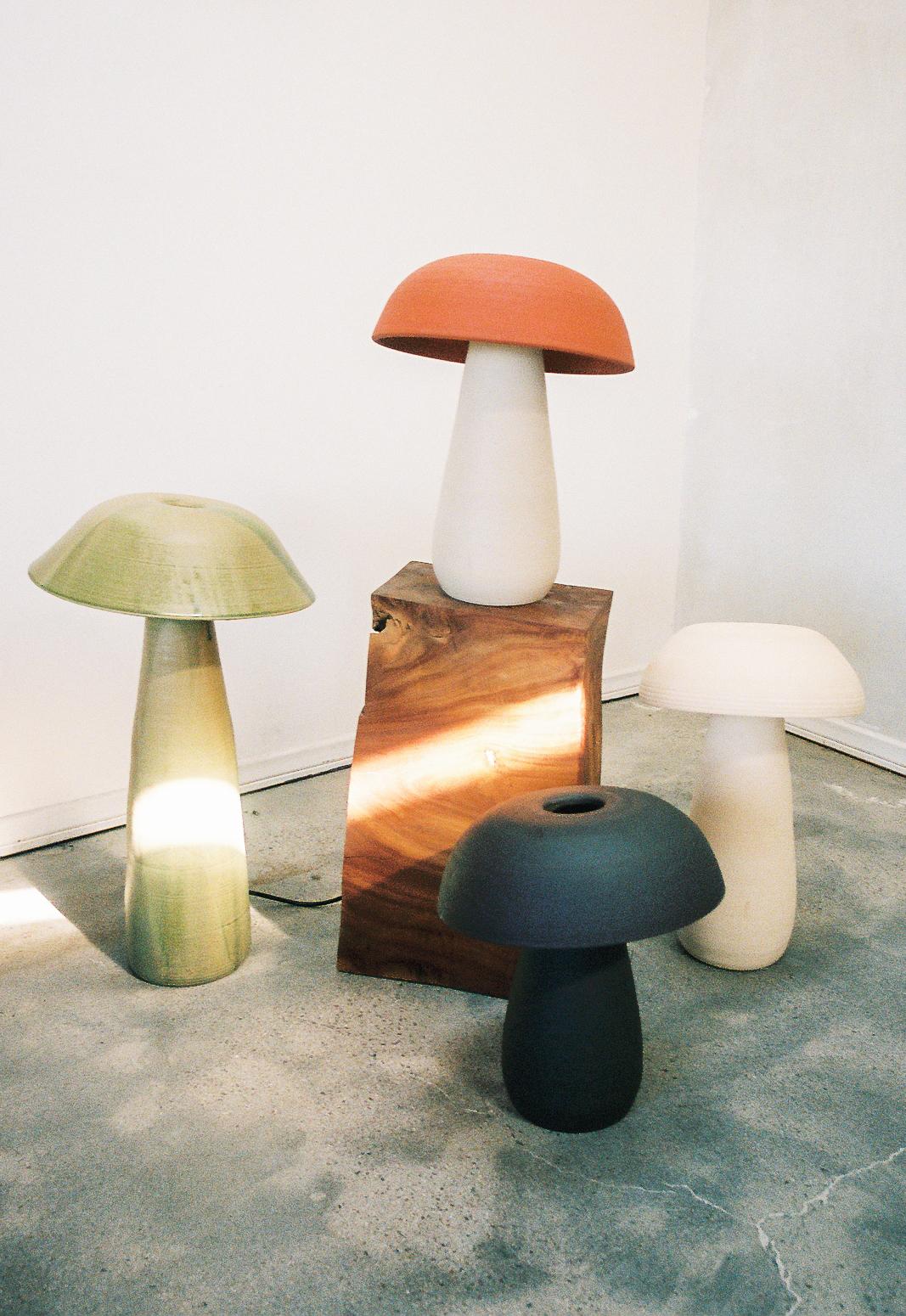 Set of 4 Mushroom Lamps by Nick Pourfard
Dimensions: Small (x3) Ø 33 x H 38 cm.
Medium (x1) Ø 38 x H 56 cm.
Materials: ceramic.
Different finishes available. Please contact us.

All our lamps can be wired according to each country. If sold to the