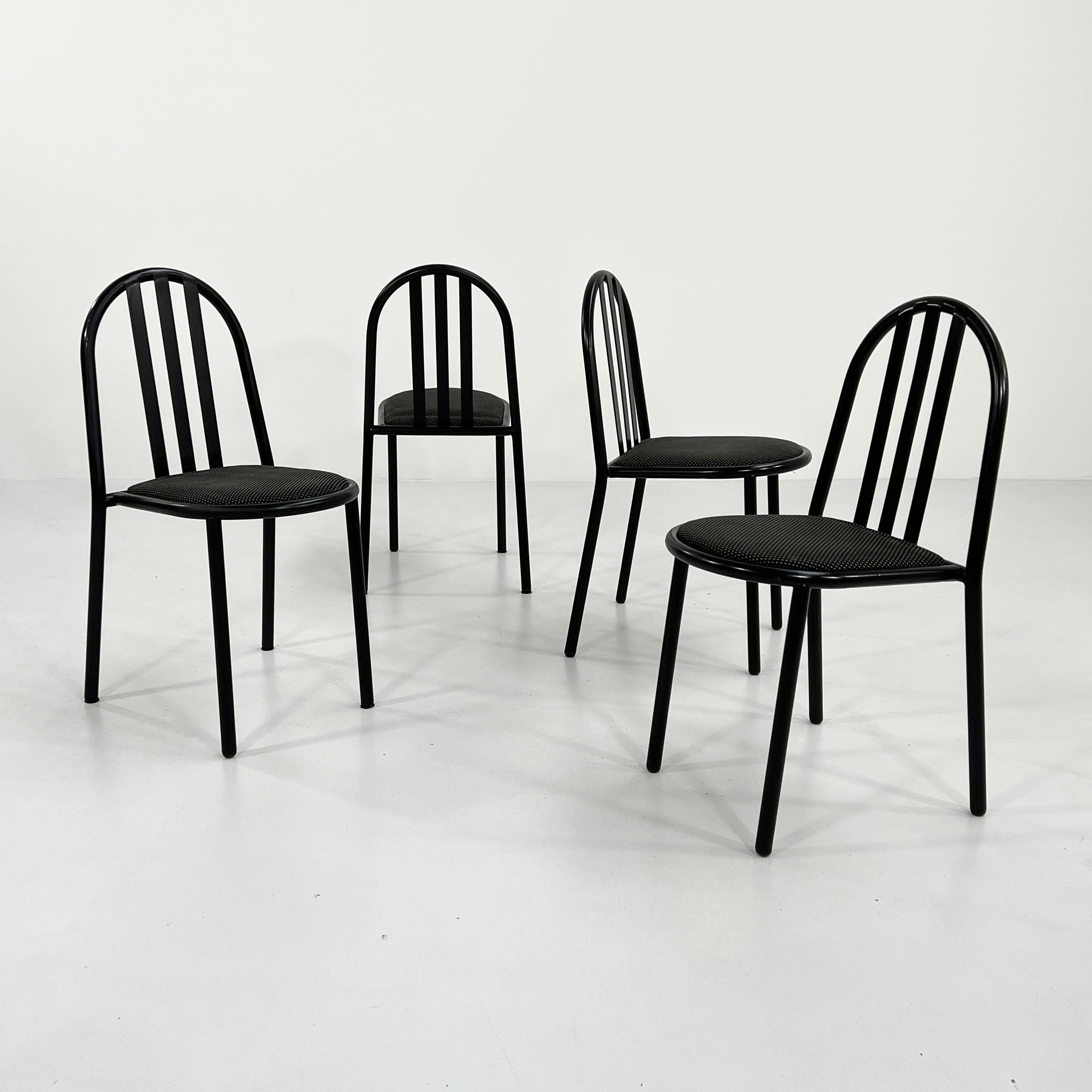 Designer - Robert Mallet-Stevens
Producer -Pallucco Italia
Model - No.222 Chairs 
Design Period - Eighties
Measurements - width 40 cm x depth 40 cm x height 82 cm x seat height 46 cm
Materials - Metal, Fabric
Color - Black, Grey.