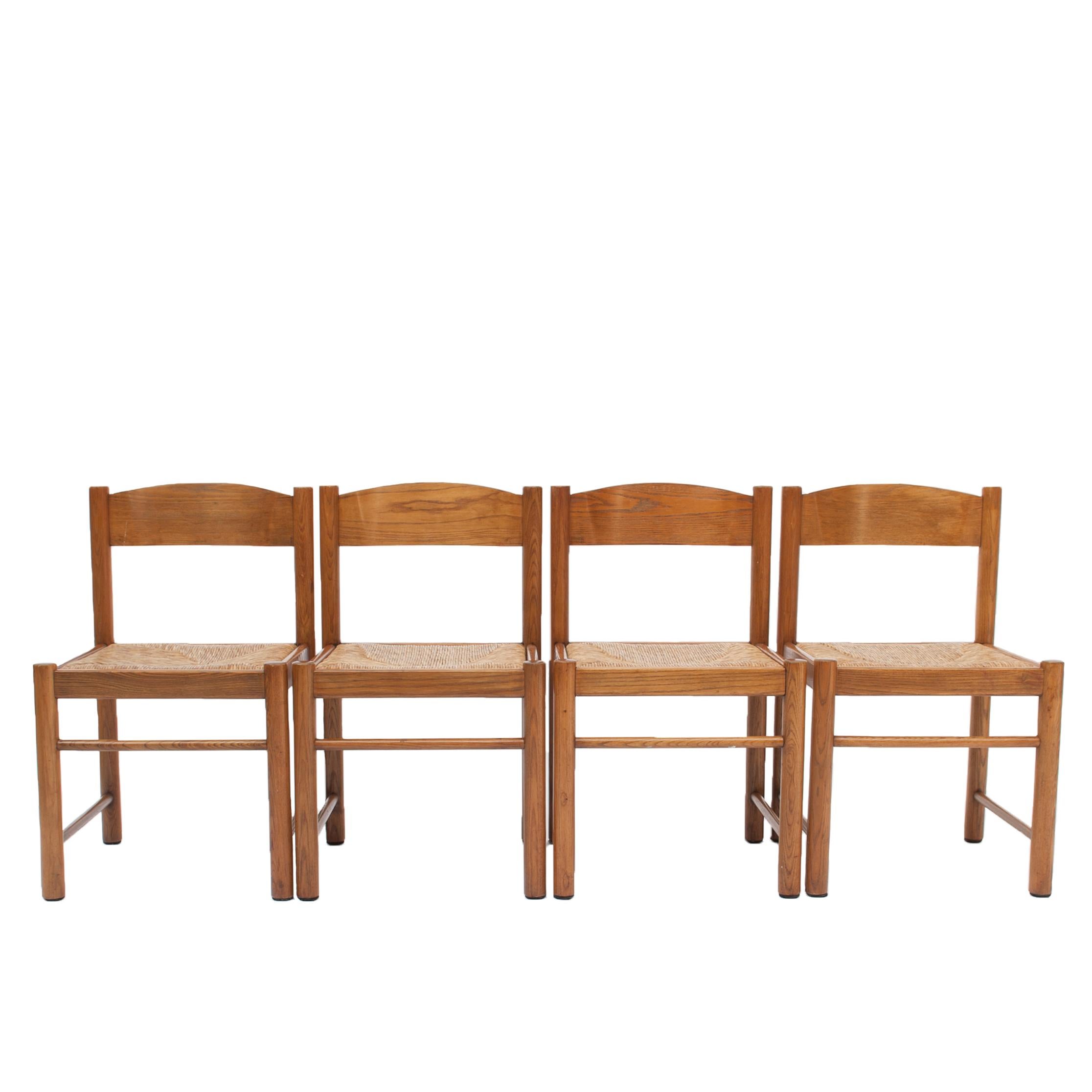 20th Century Set of 4 Natural Oak Dining Chairs Attributed to Vico Magistretti, 1960s