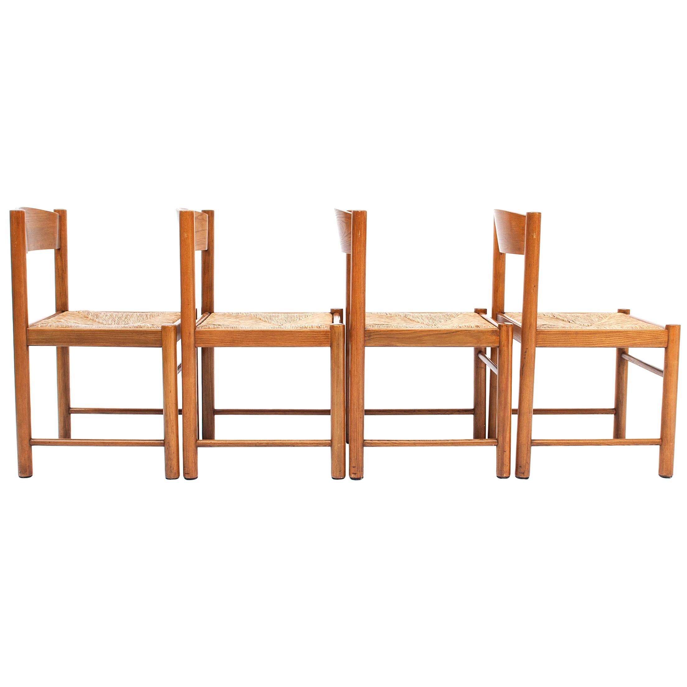 Set of 4 Natural Oak Dining Chairs Attributed to Vico Magistretti, 1960s