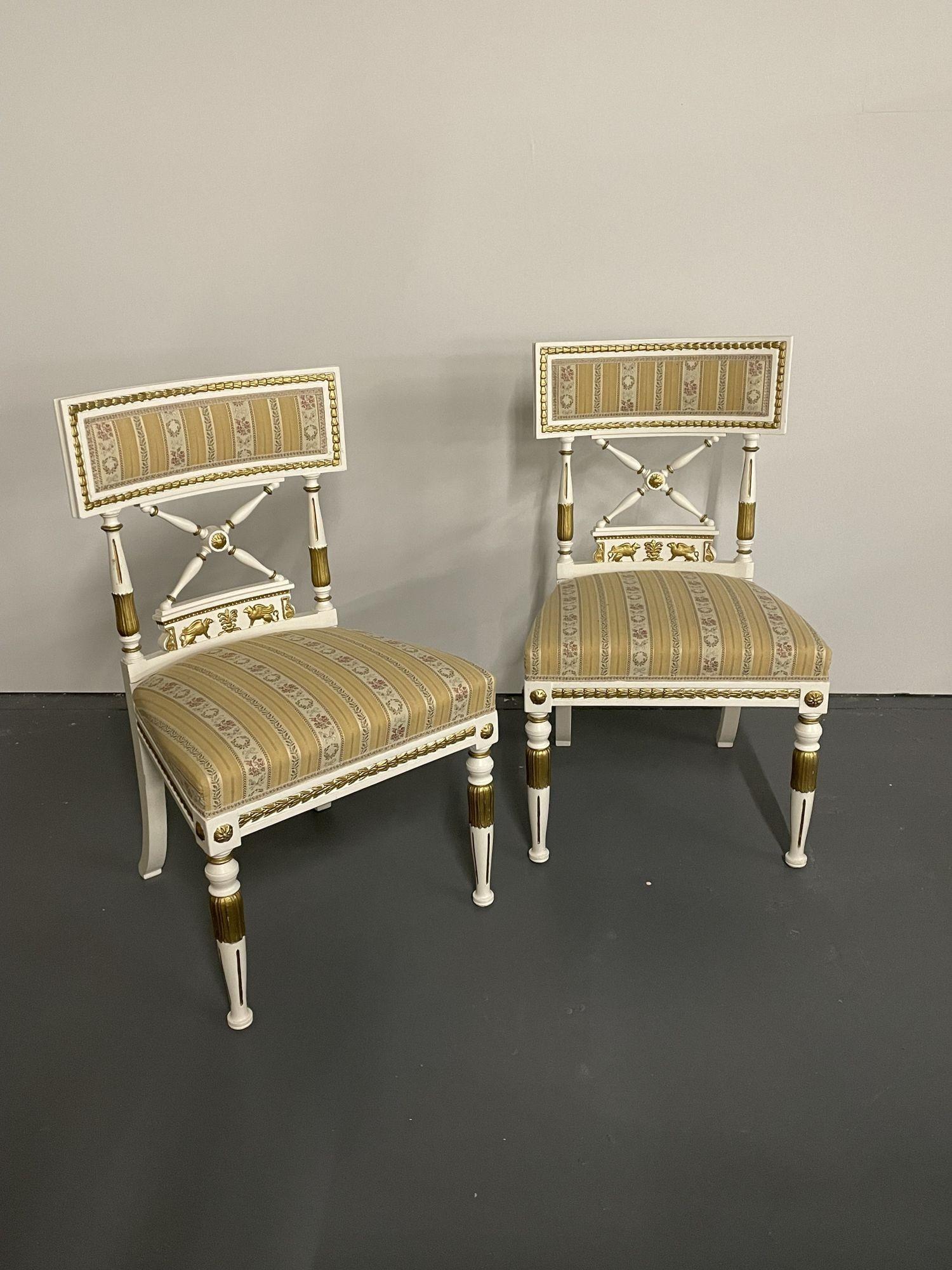 Set of 4 carved side chairs, desk chairs, office chairs. Finely detailed set of Neoclassical Gustavian Chairs each in a nice scalamandre fabric having winged sphinxes on the back rest.

Can purchase two or all four.

Seay height: 16.5 in.

