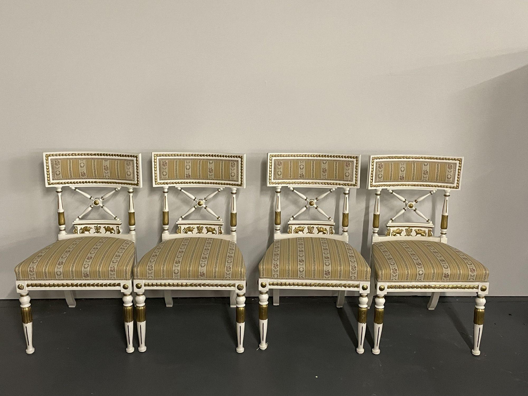 Set of 4 Neoclassical Gustavian Style Chairs, Parcel Gilt & Painted, Sphinx Ca In Good Condition For Sale In Stamford, CT