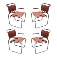 Set di 4 poltrone da pranzo in acciaio inossidabile e pelle di Nicos Zographos