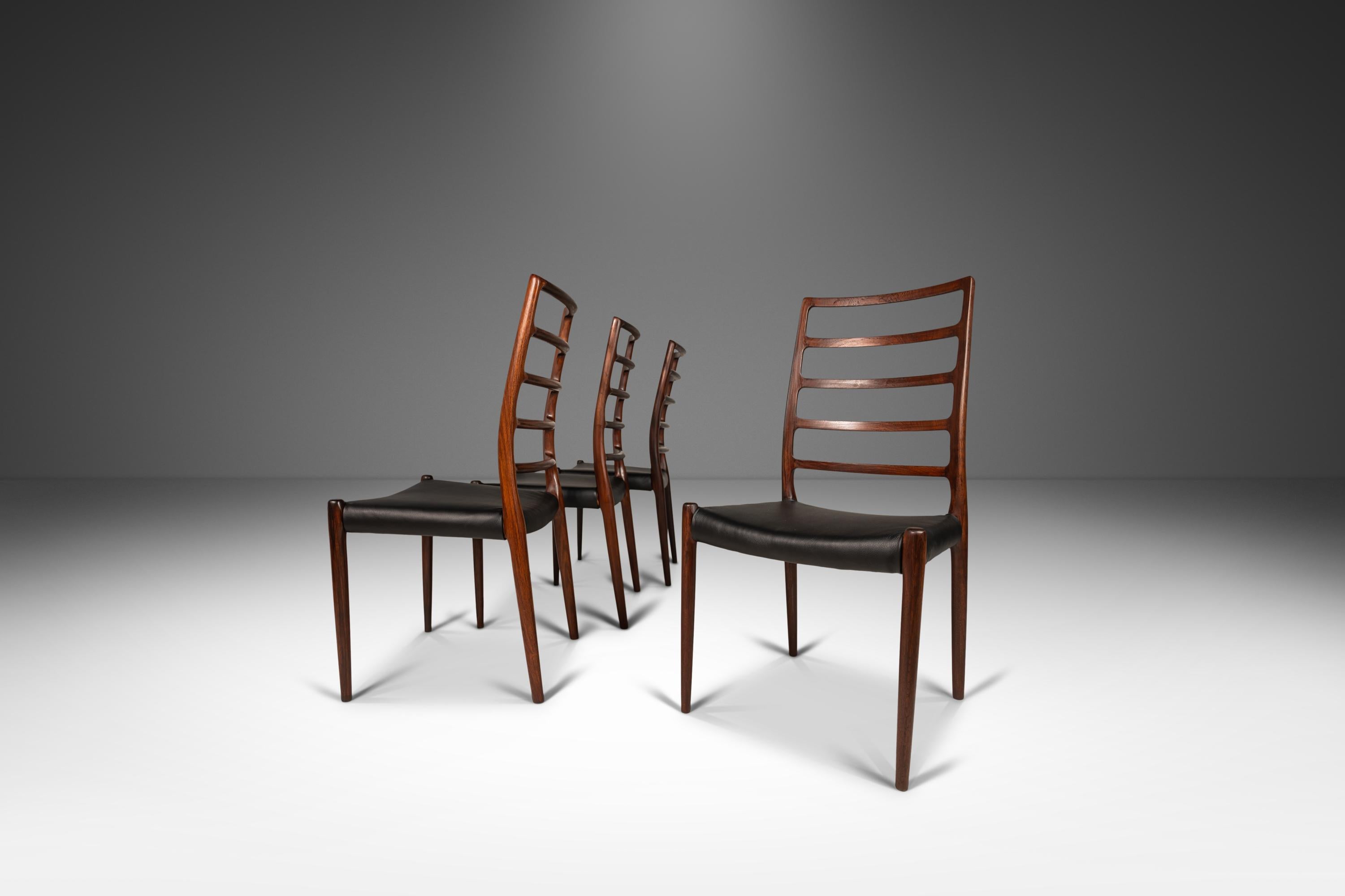 Scandinavian Modern Set of 4 Niels Møller No 82 Side Chairs in Rosewood Leather for Jl Møllers 1960s