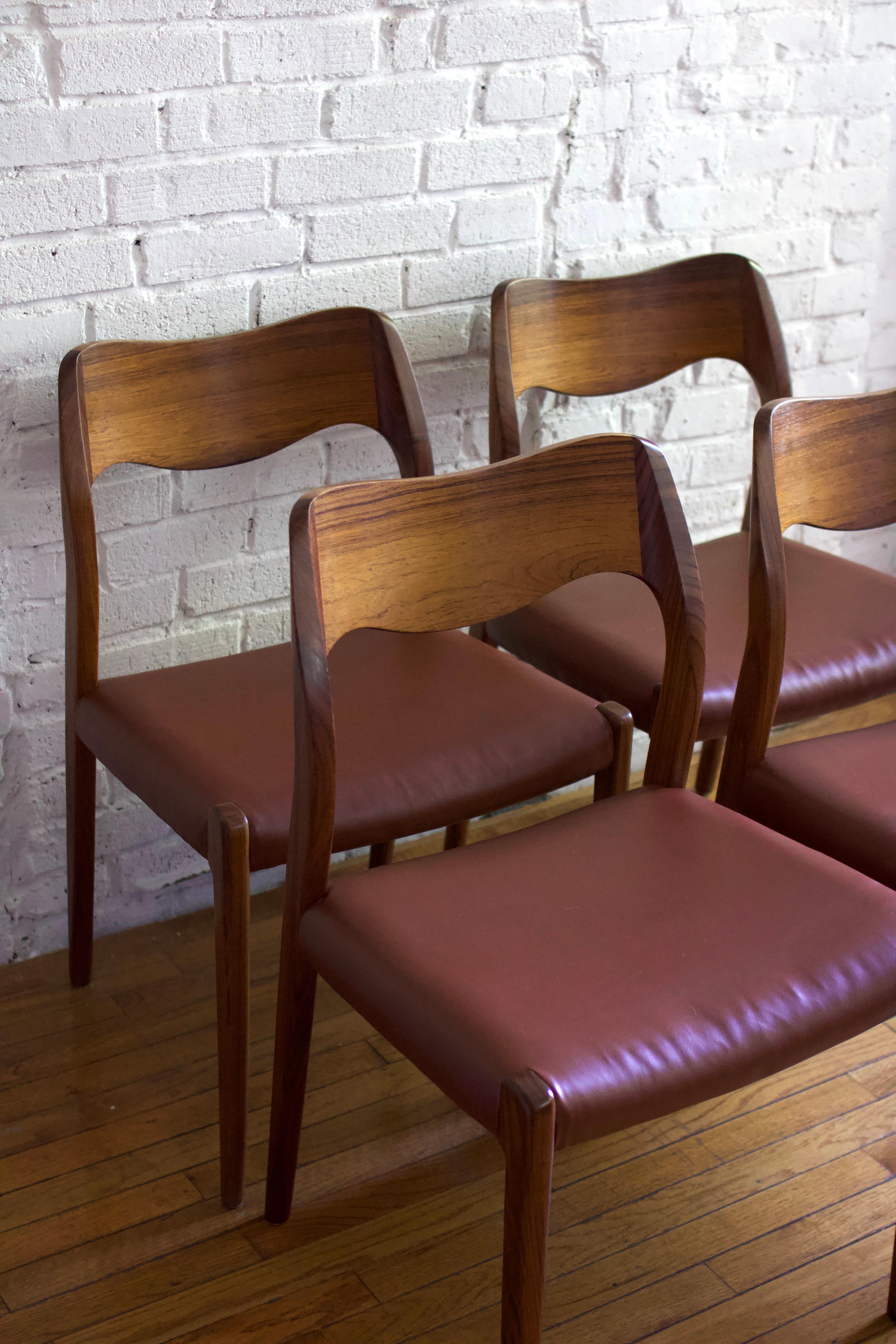 Mid-Century Modern Set of 4 Niels Moller 1960s Model 71 Teak & Leather Dining Chairs